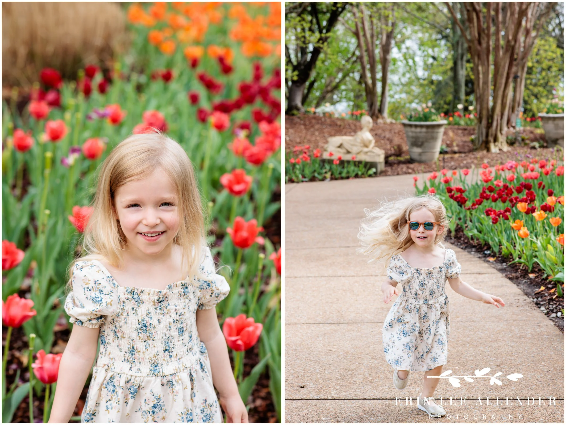 sunglasses Child running with sunglasses among spring tulips at Cheekwood Botanical Garden during milestone session, Nashville family photography