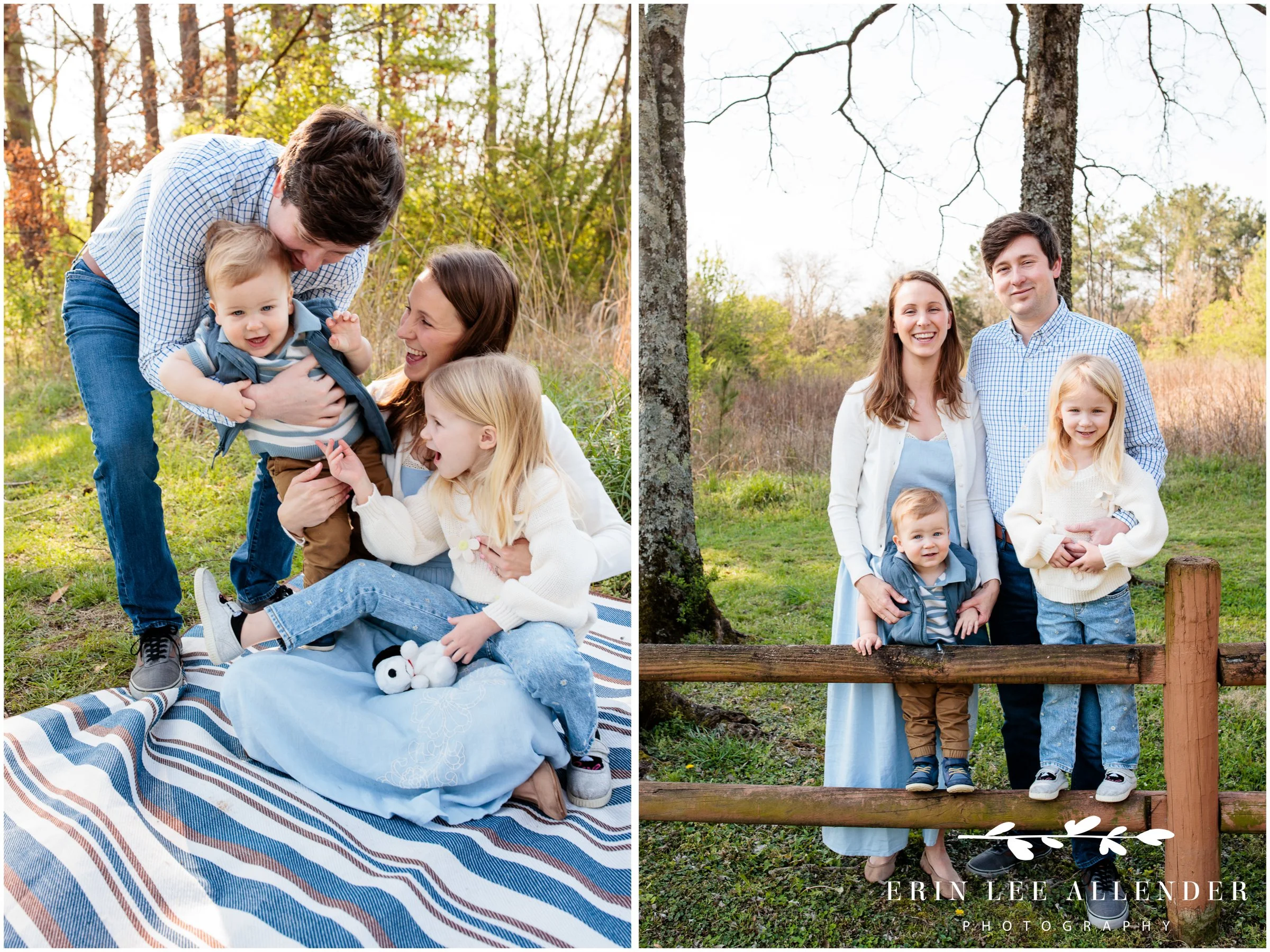 Family of four laughing together at Walton Ferry Arboretum in Hendersonville TN