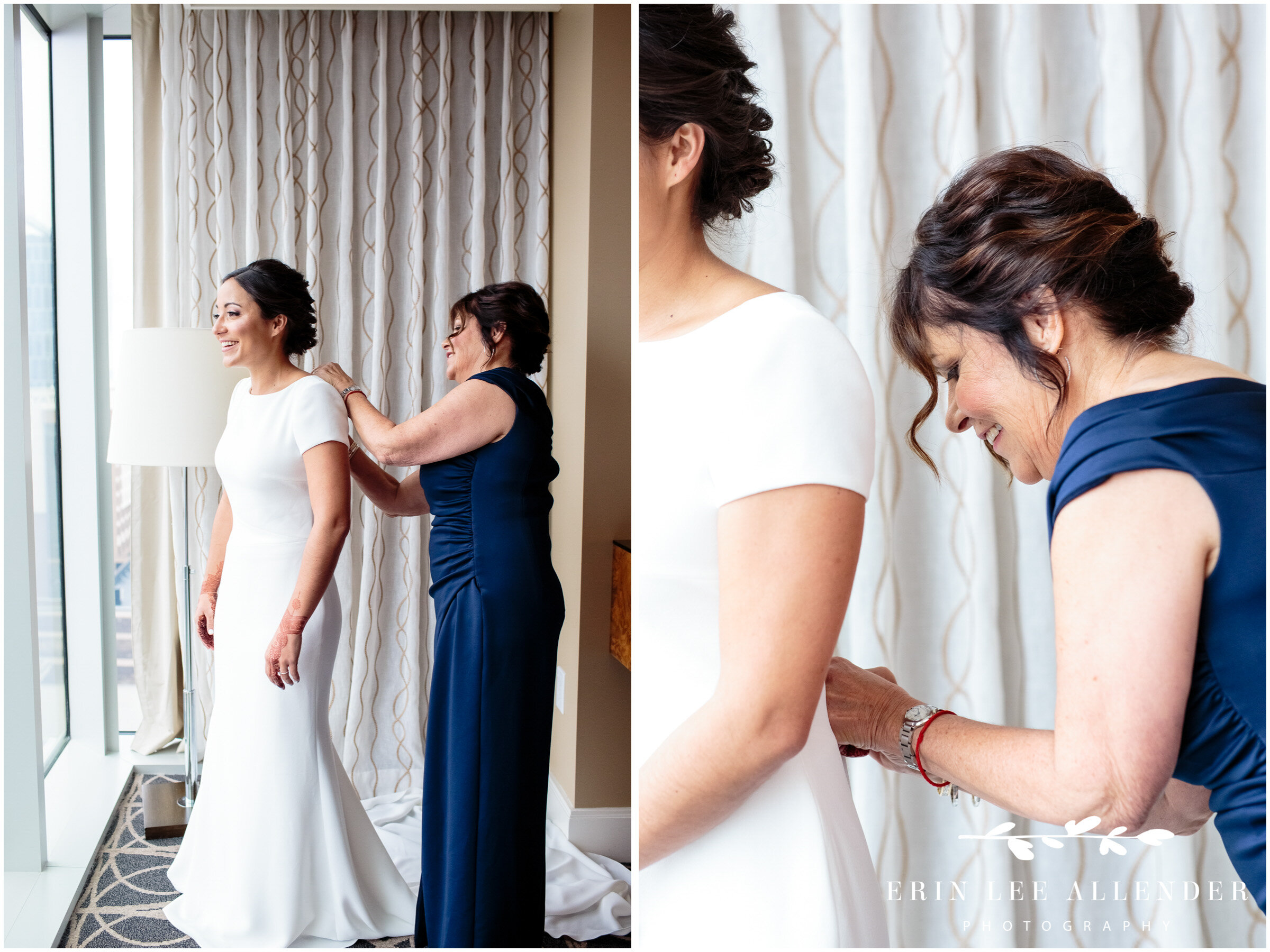Bride-putting-on-wedding-dress
