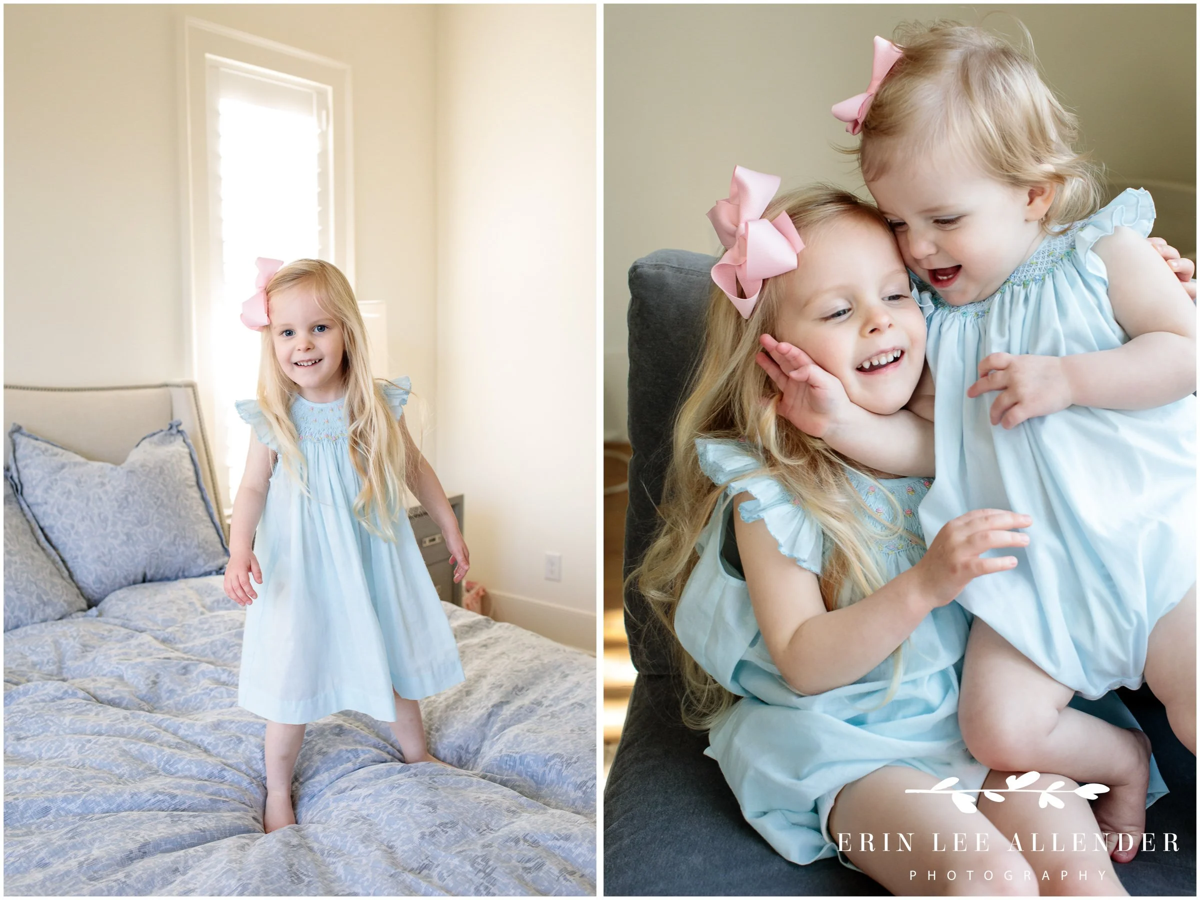 Two sisters hugging, one in blue bow, one in pink bow, Nashville baby photography