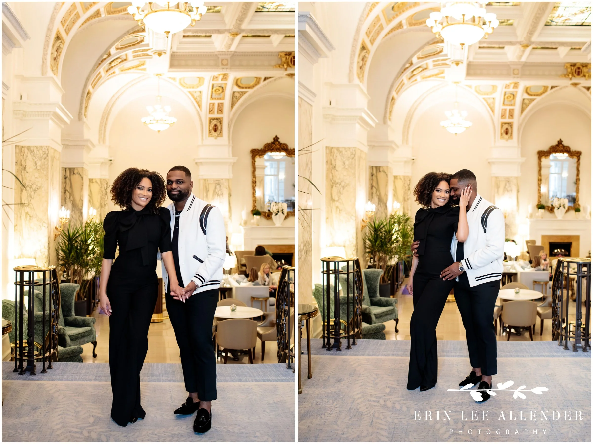 Romantic portrait of newly engaged couple in the grand lobby of The Hermitage Hotel, Nashville proposal photography.