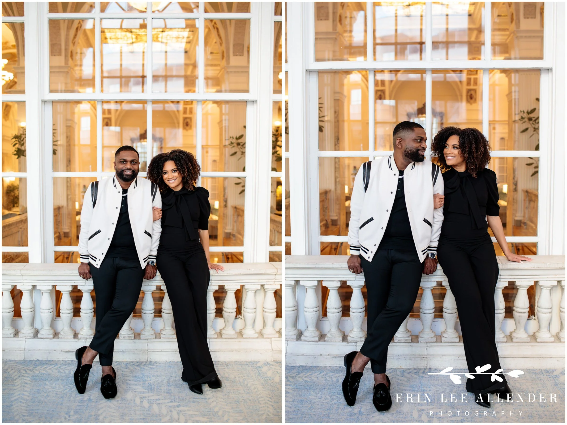 Engaged couple sharing a quiet moment in the empty blue Veranda of The Hermitage Hotel in Nashville.