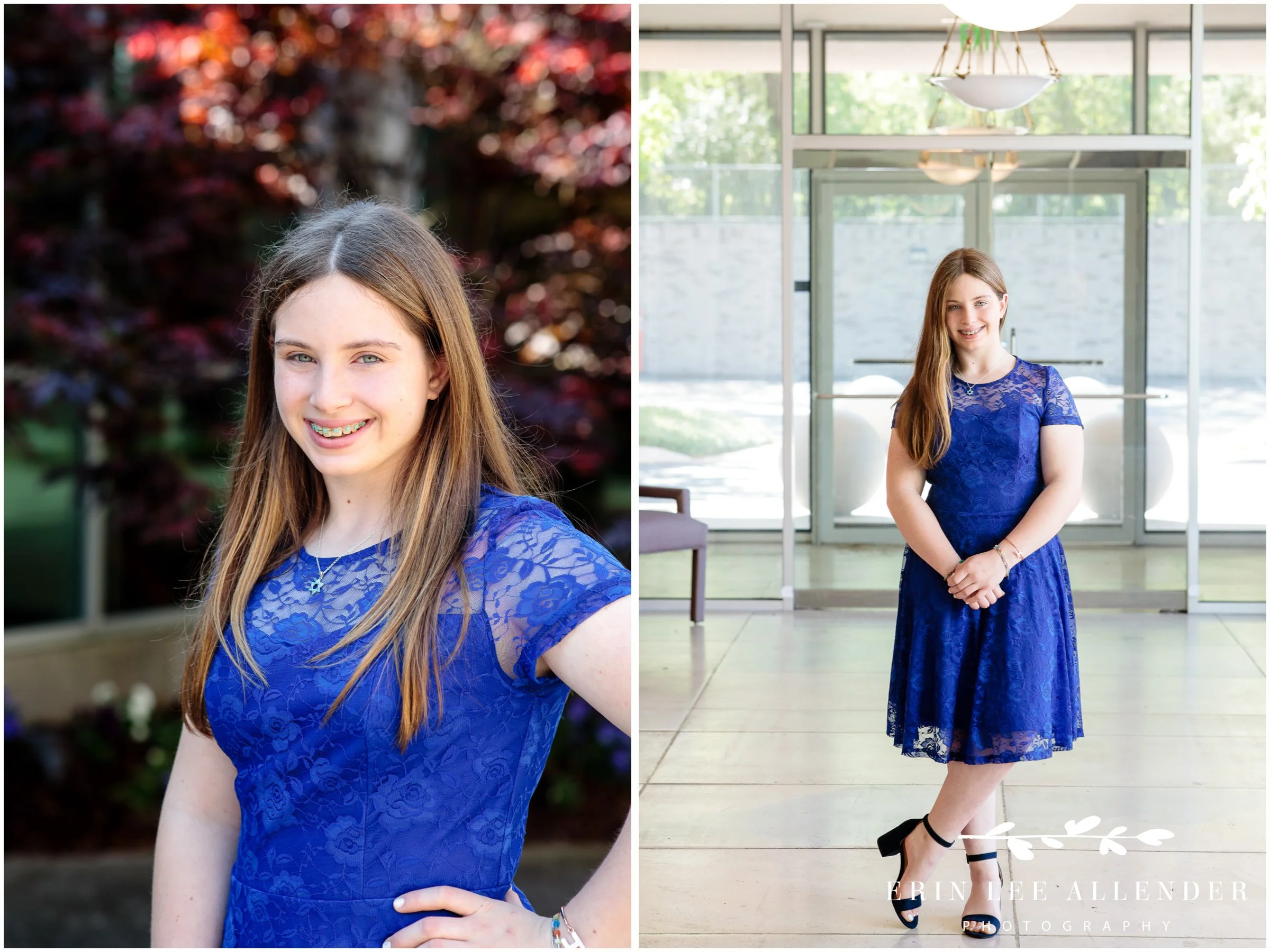 Portrait of Hannah in a blue dress on her Bat Mitzvah day at The Temple in Nashville.