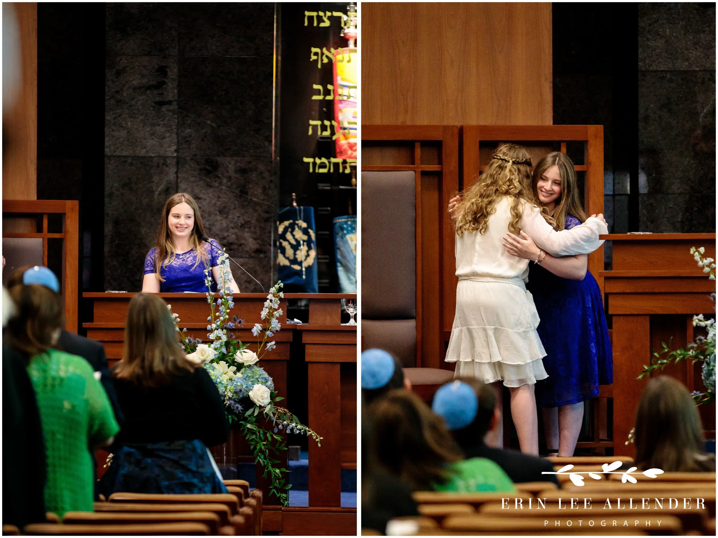 Emotional hug between sisters after Hannah’s Bat Mitzvah Torah reading.