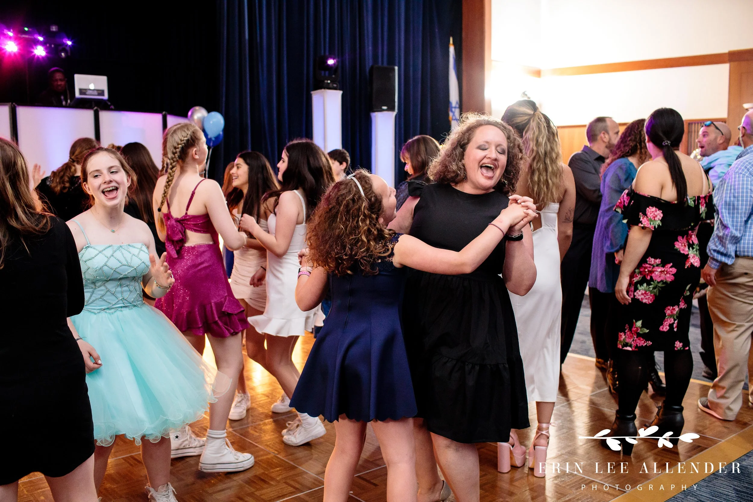 Guests dancing and celebrating during the Bat Mitzvah reception at The Temple.