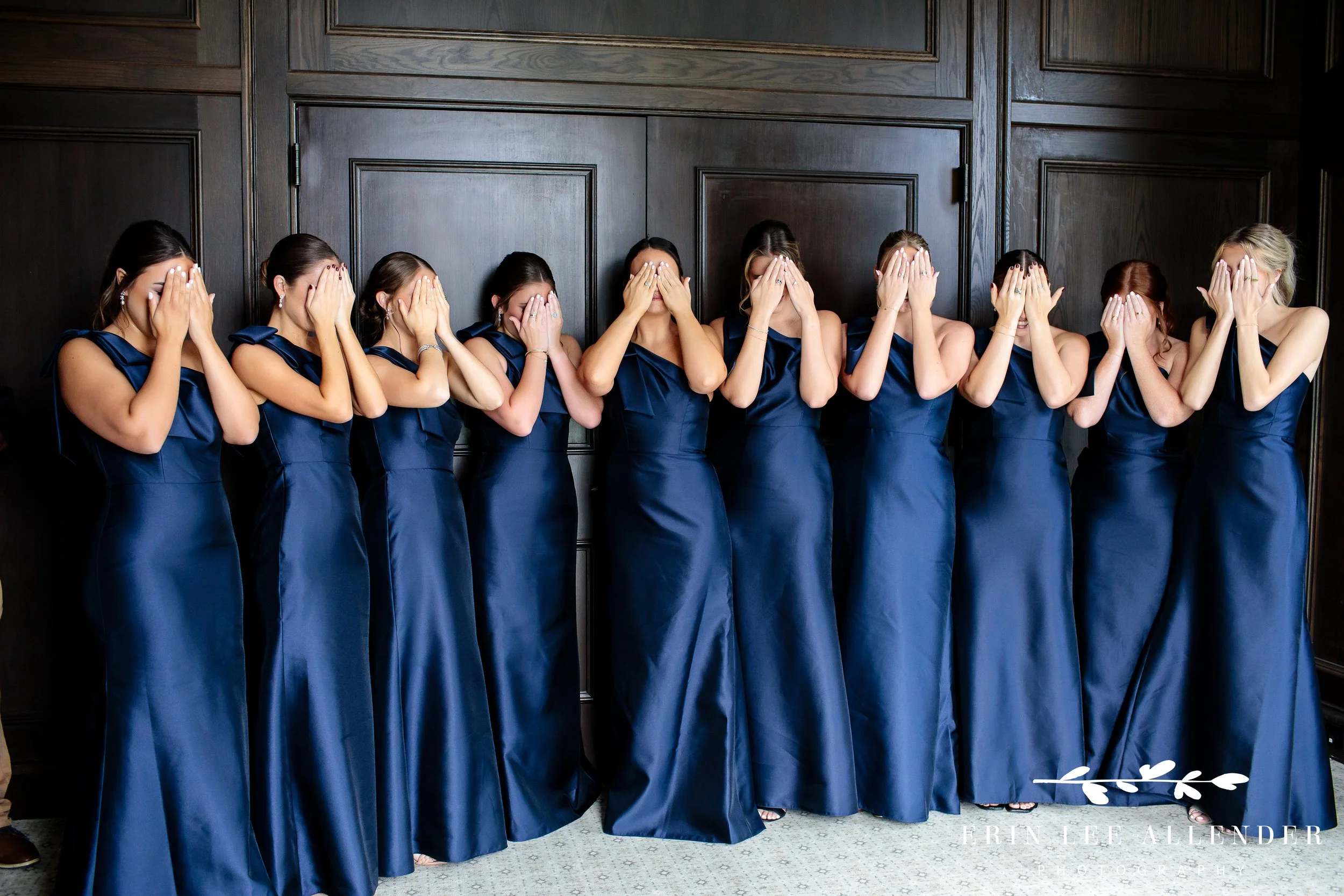 Bridesmaids covering eyes before seeing bride at Richland Country Club, Nashville