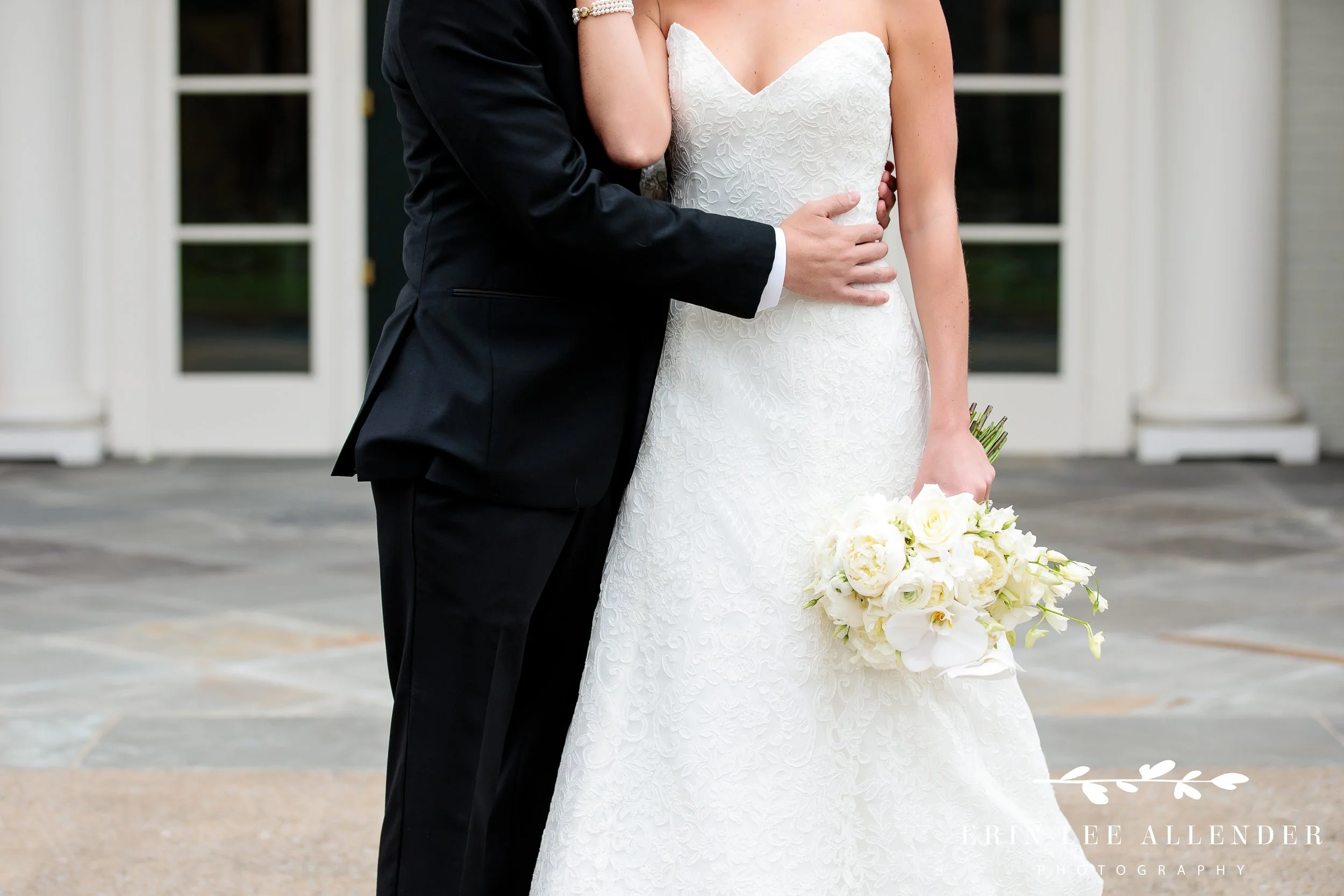 Close-up of bride’s bouquet with white and light blue flowers at Richland Country Club, Nashville