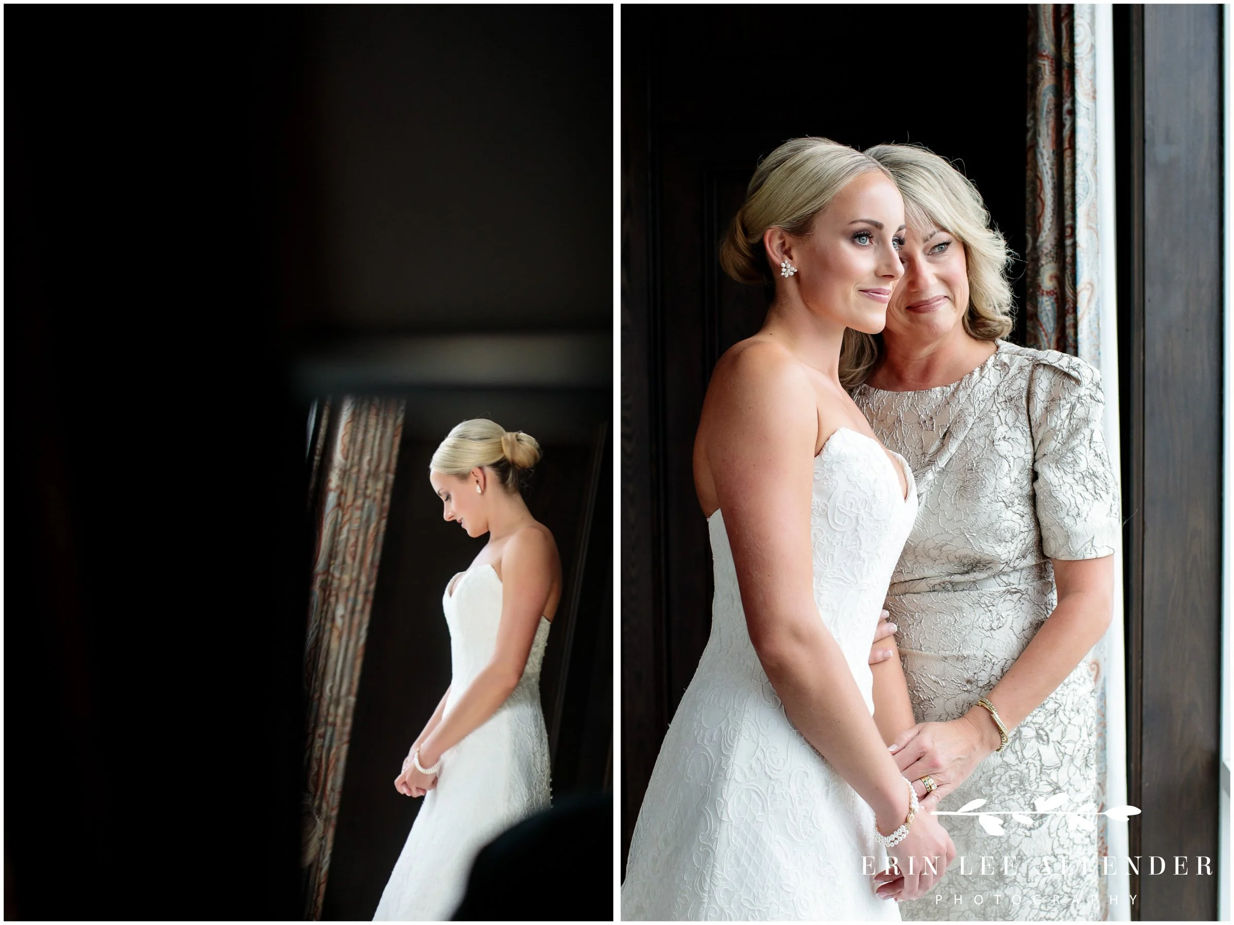 Bride and mother hugging at window during getting ready at Nashville wedding