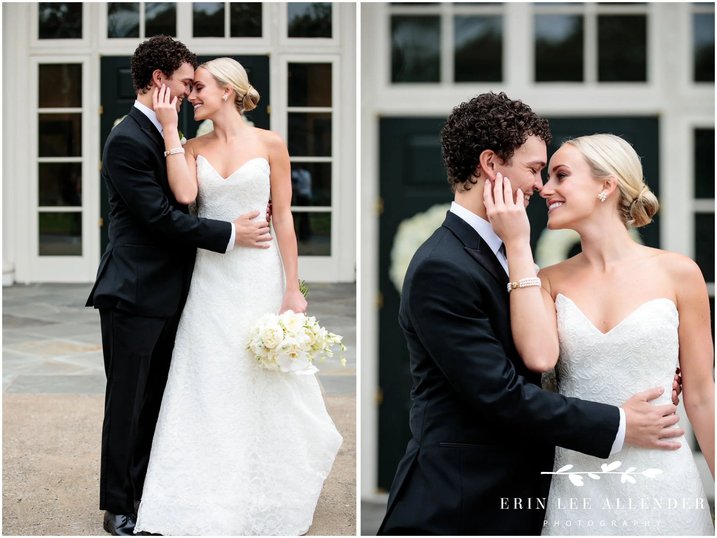 Bride and groom cuddled together in front of St. George’s Episcopal Church, Nashville