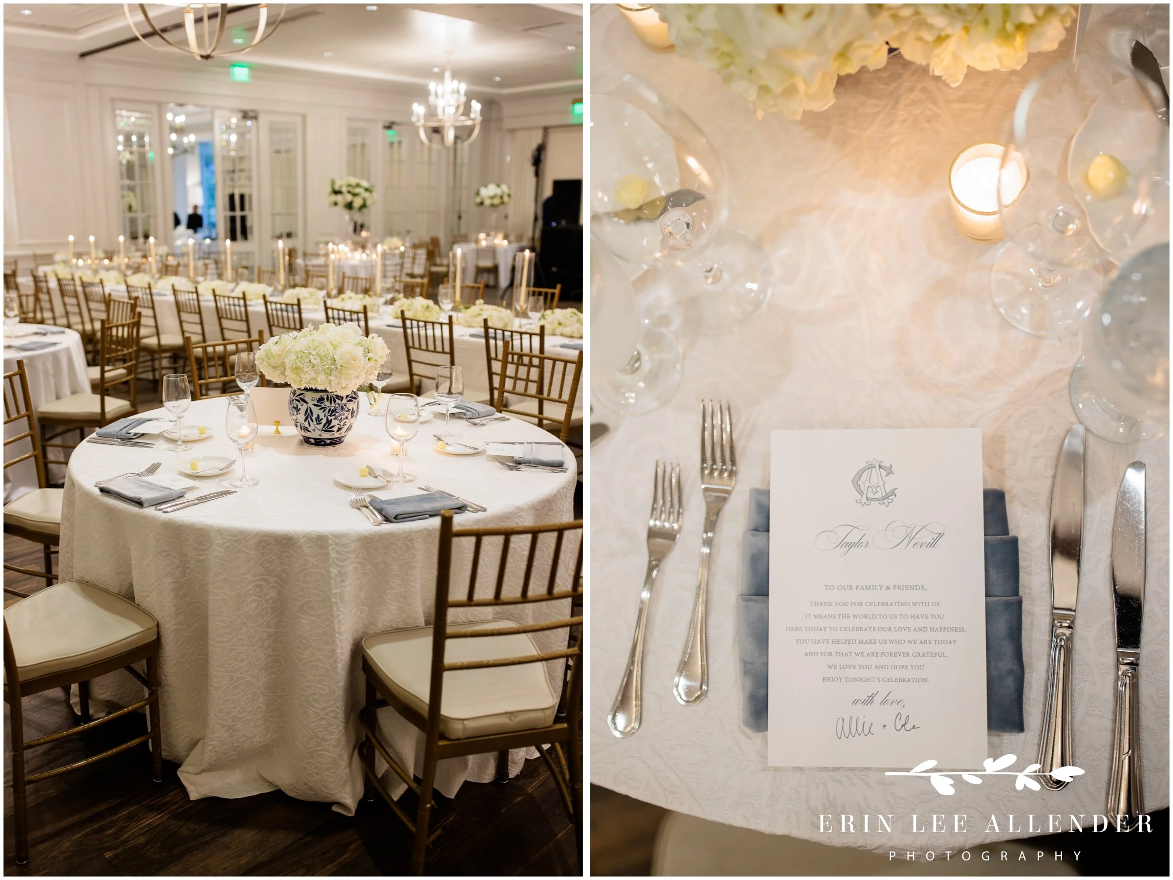 Table centerpiece with classic blue and white vase at Nashville wedding reception