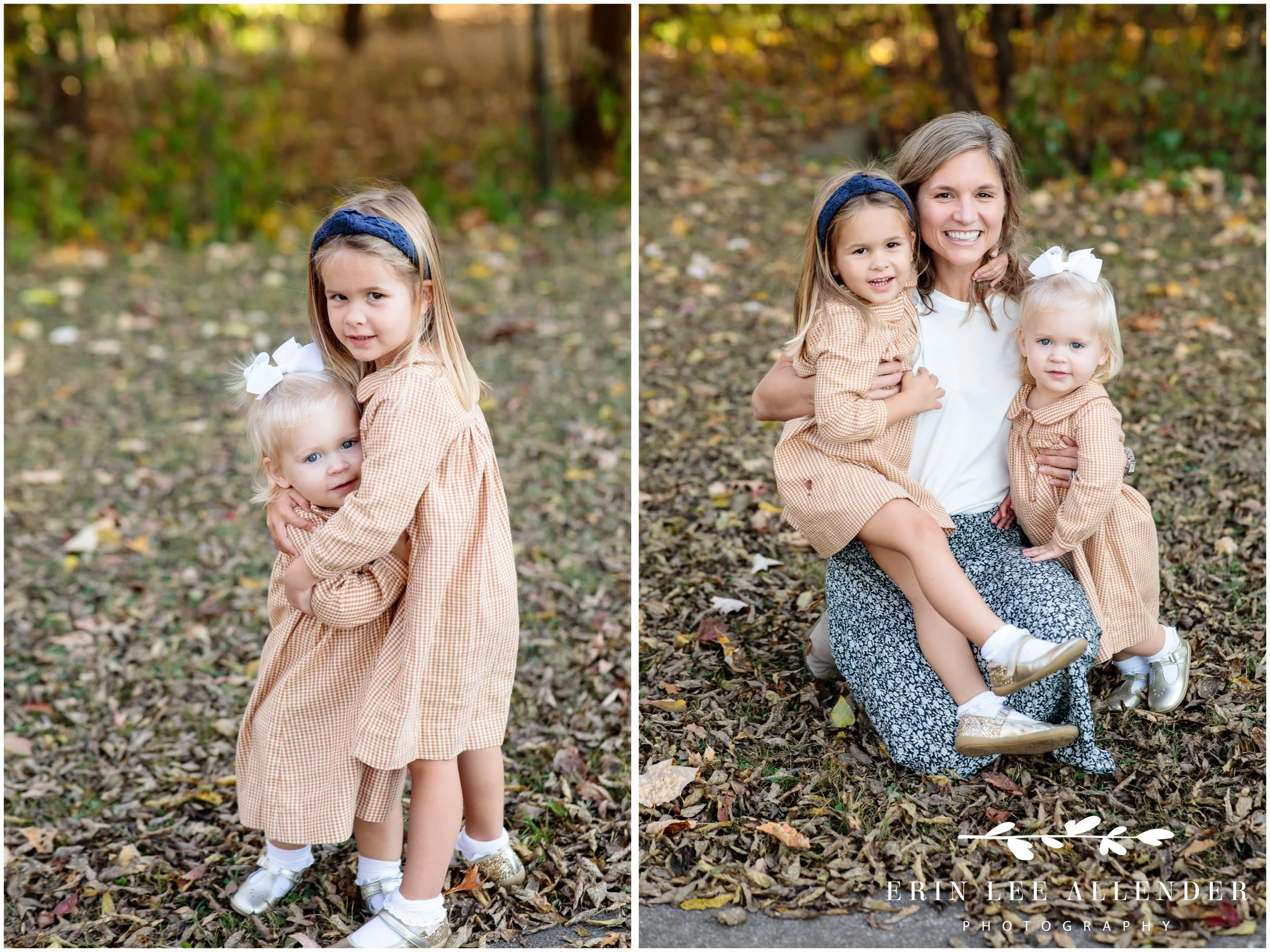Mother holding her two daughters surrounded by fall leaves during a family photography session at Edwin Warner Park.