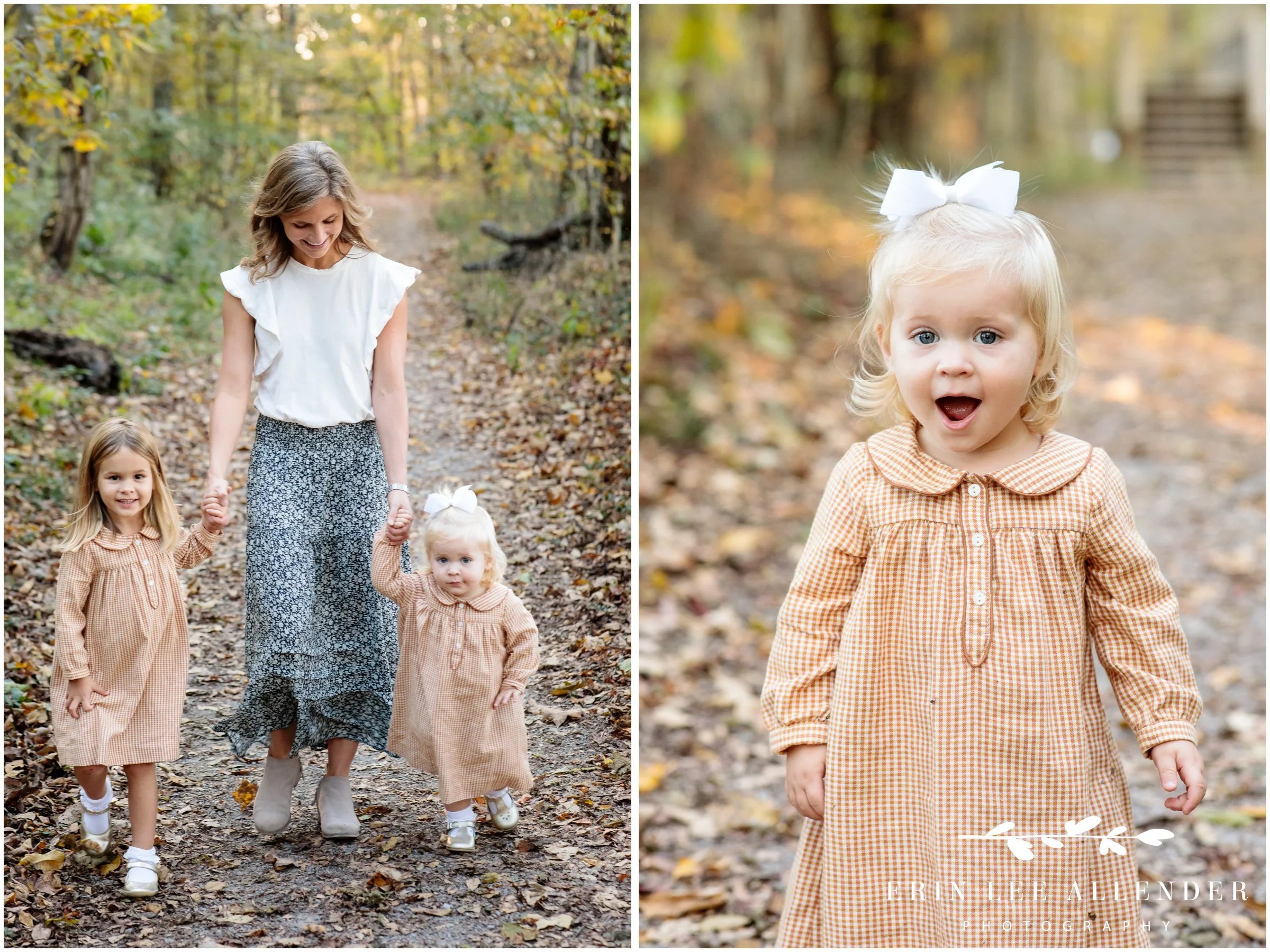 Toddler making a silly face in a gingham dress during playful fall family portraits in Nashville.
