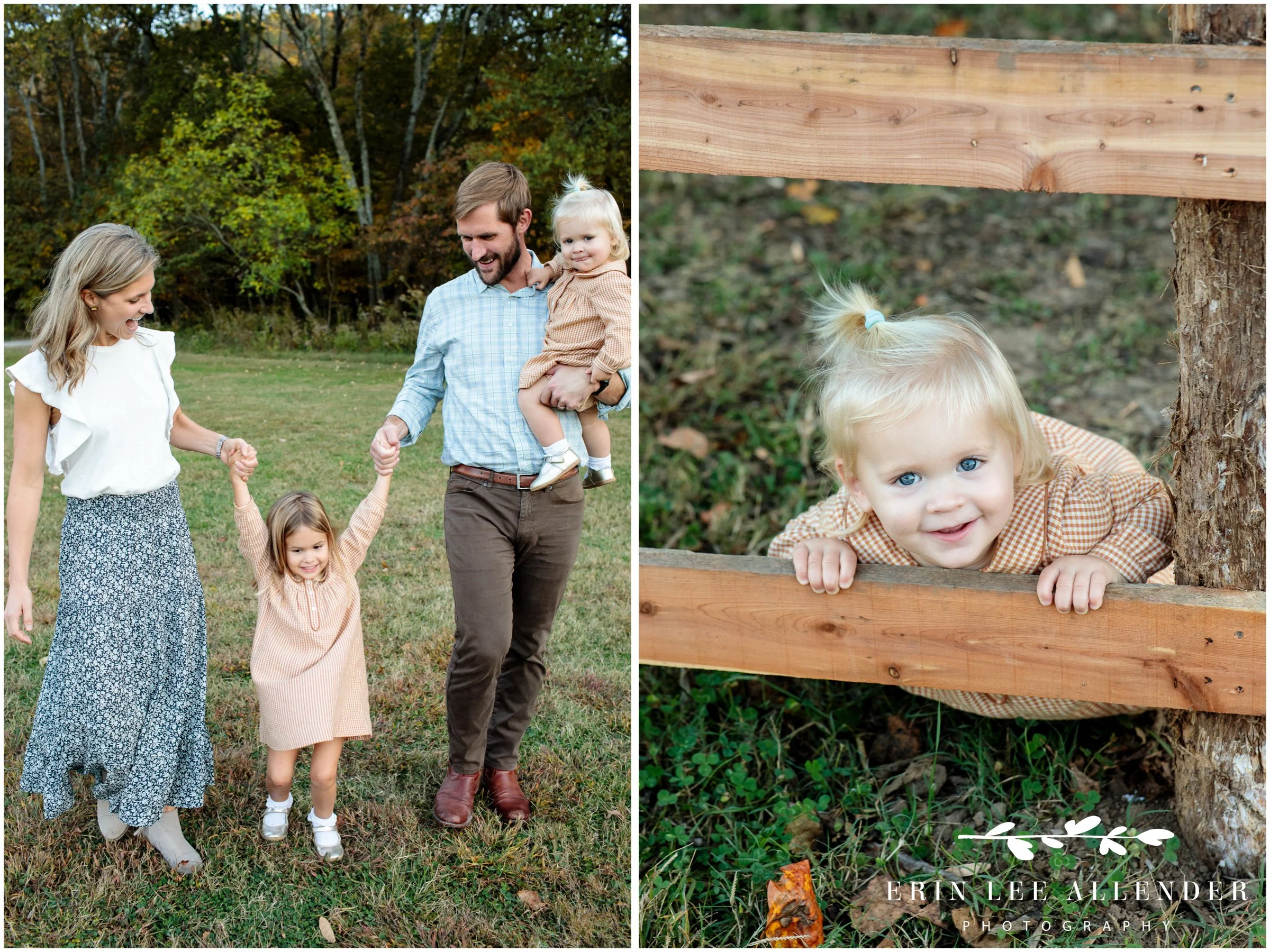Toddler peeking through a wooden fence during playful fall family photography in Nashville.