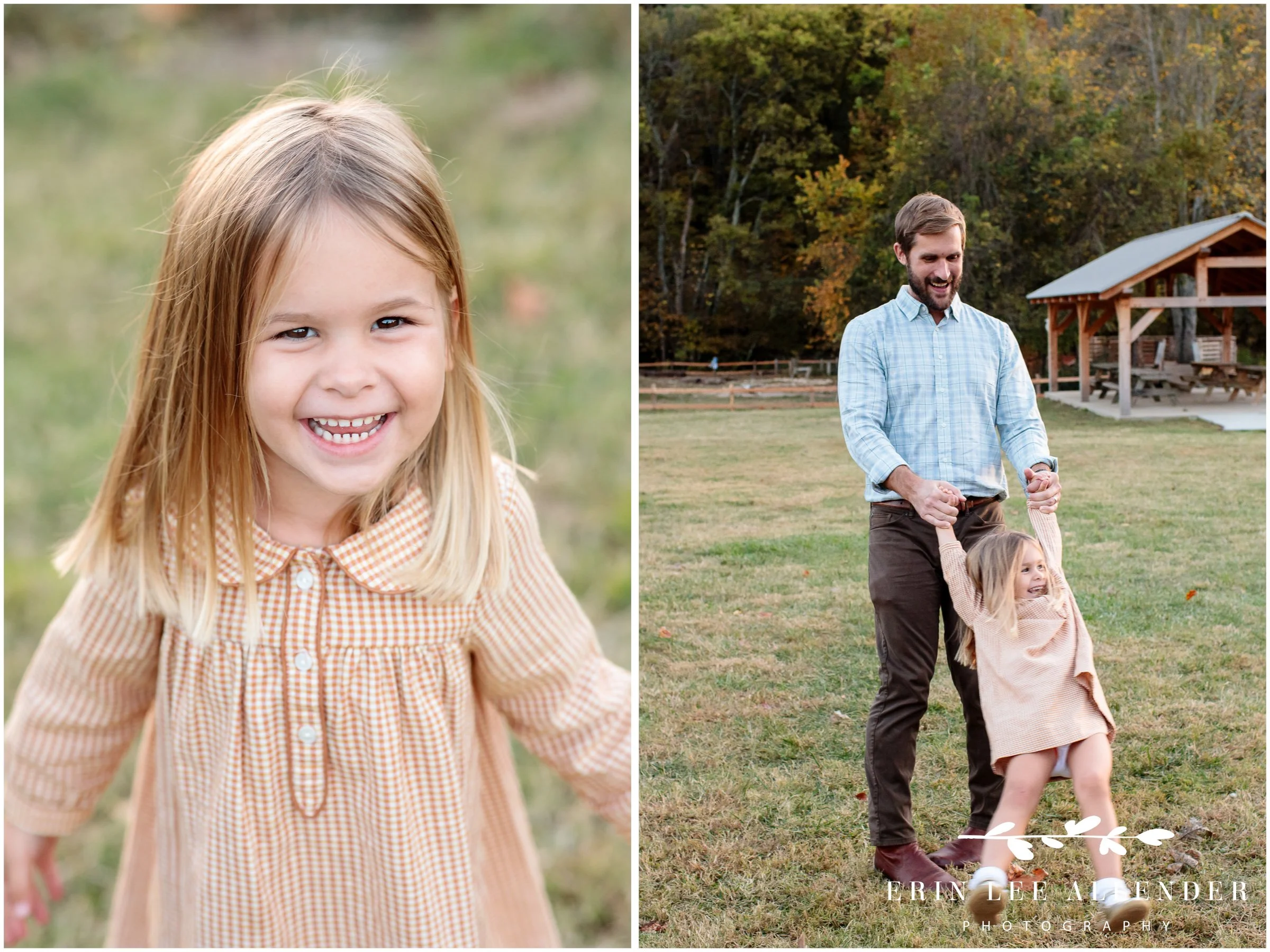 Father swinging his four-year-old daughter in the air during a joyful fall family session at Edwin Warner Park in Nashville.