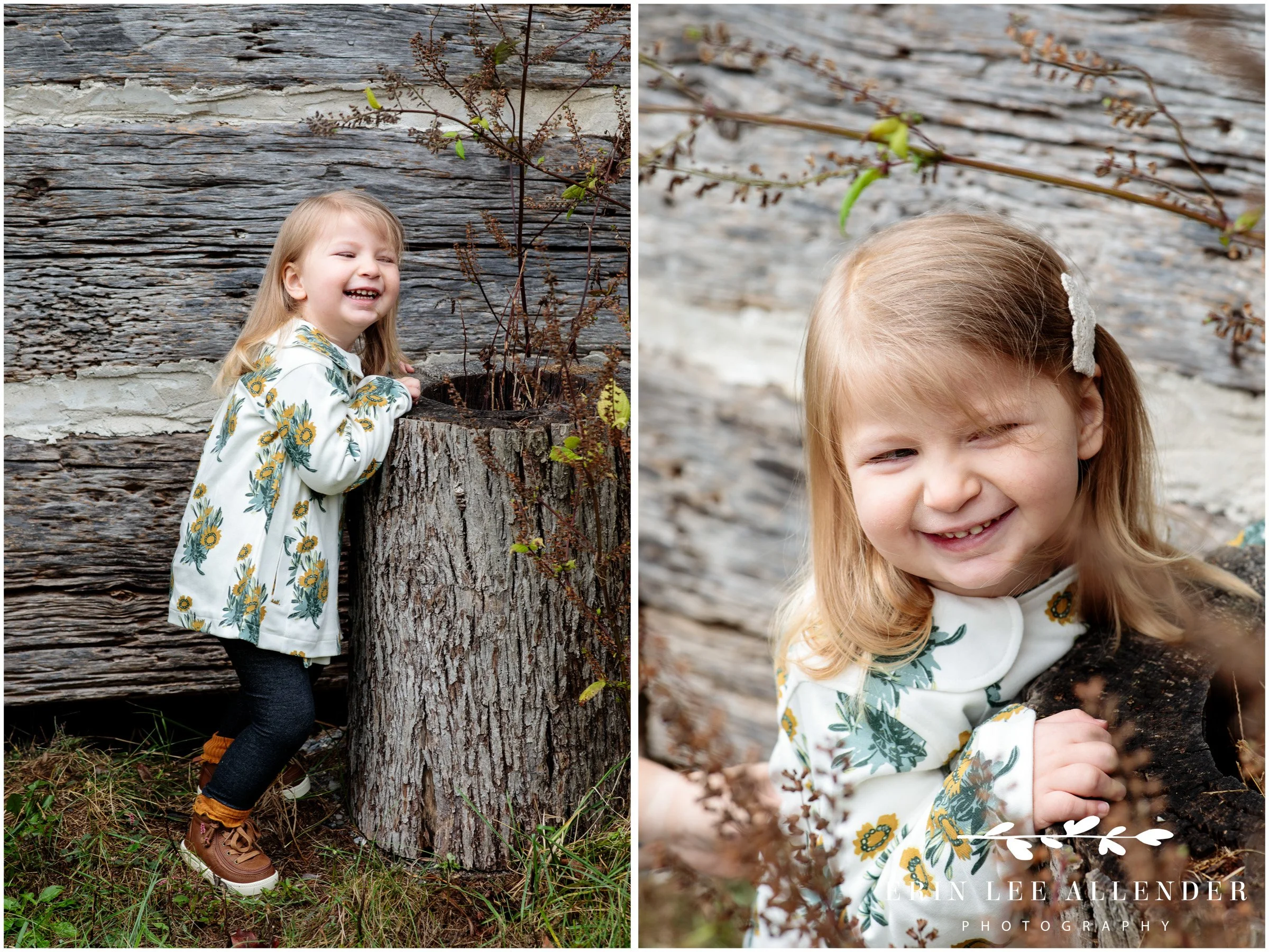 Young girl in front of rustic log cabin during fall family photography Portland Tennessee.