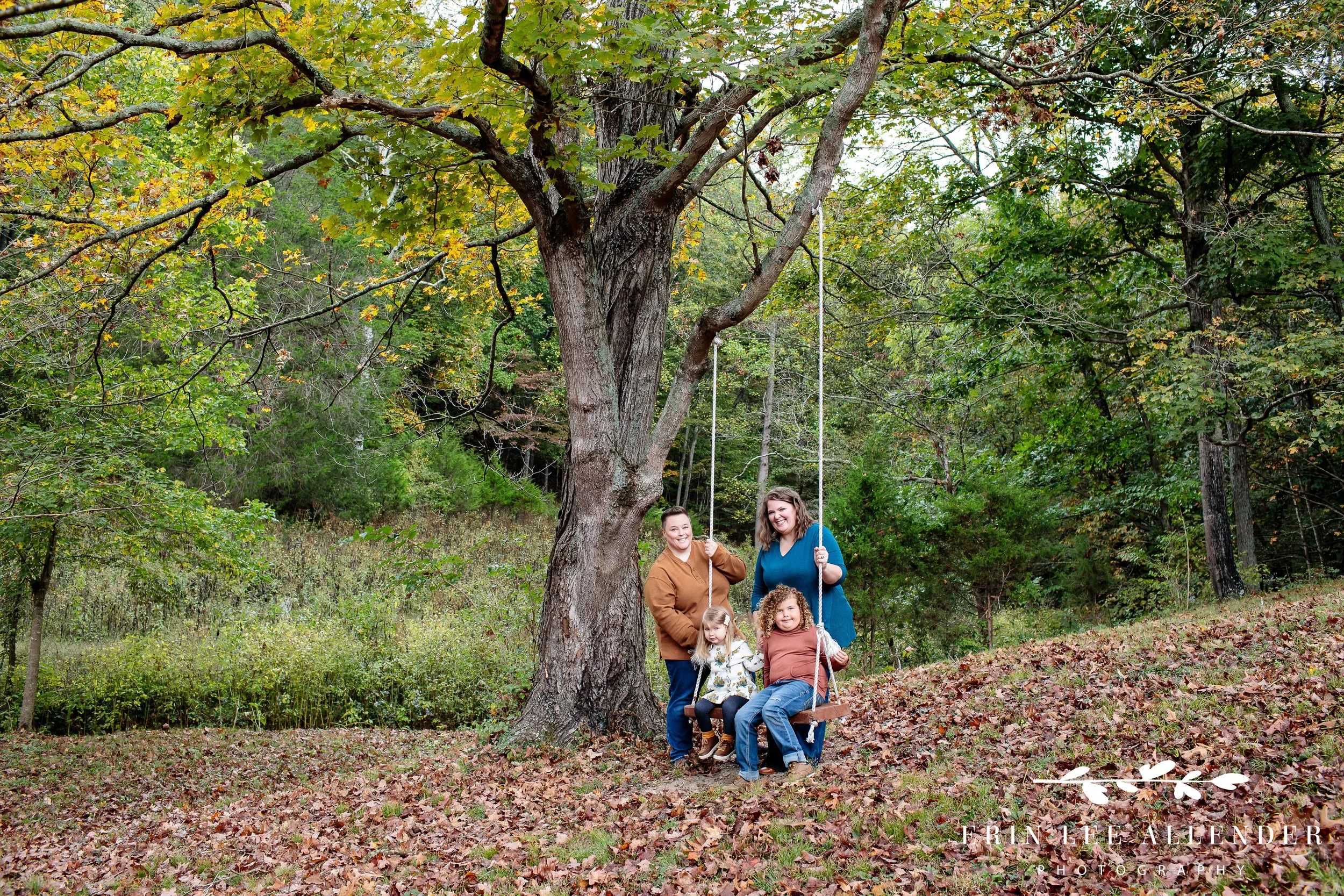 LGBTQ family portraits with two moms and kids on rope swing Portland Tennessee.