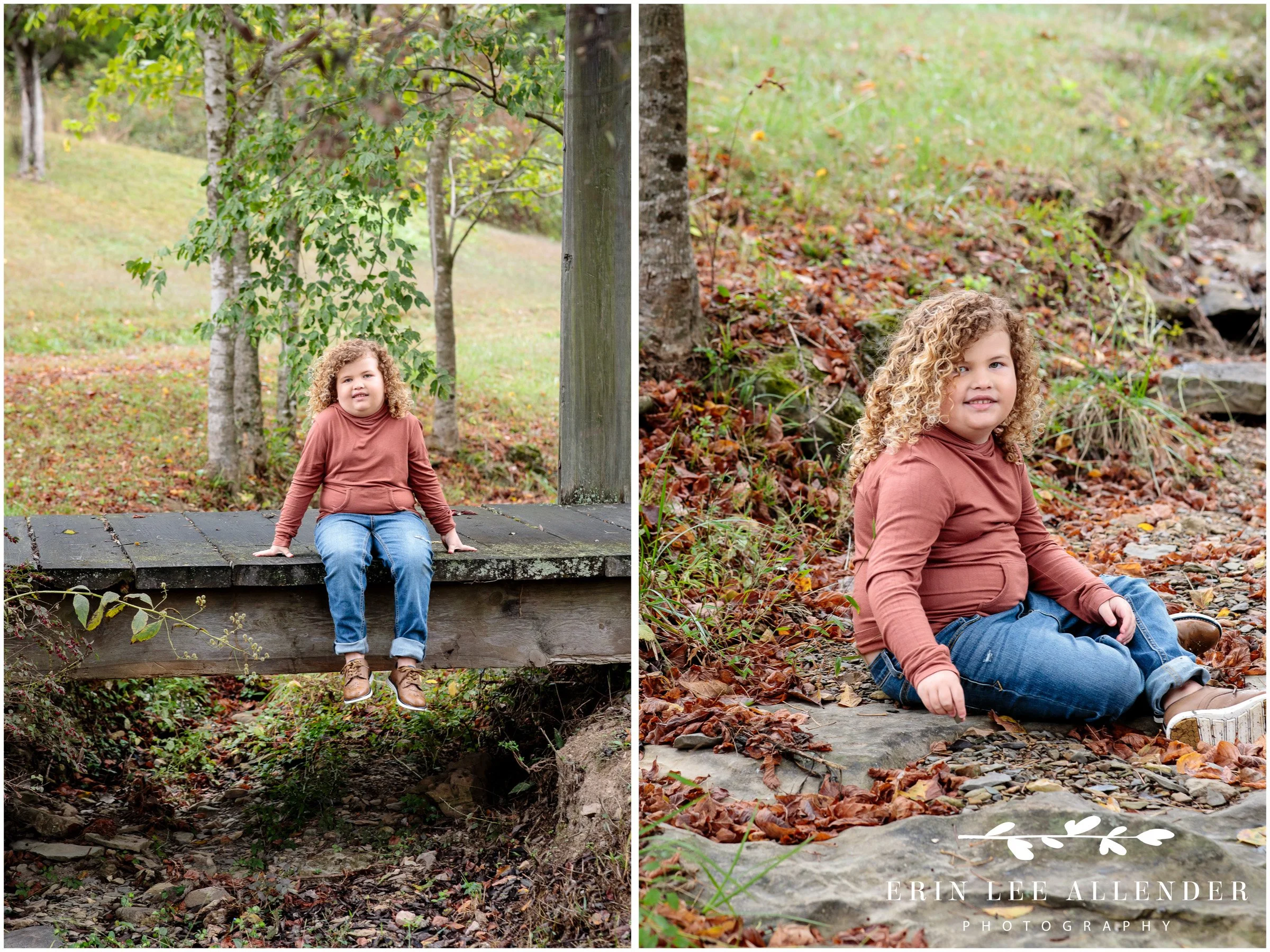 Curly haired boy sitting on wooden bridge during Nashville fall family photos.