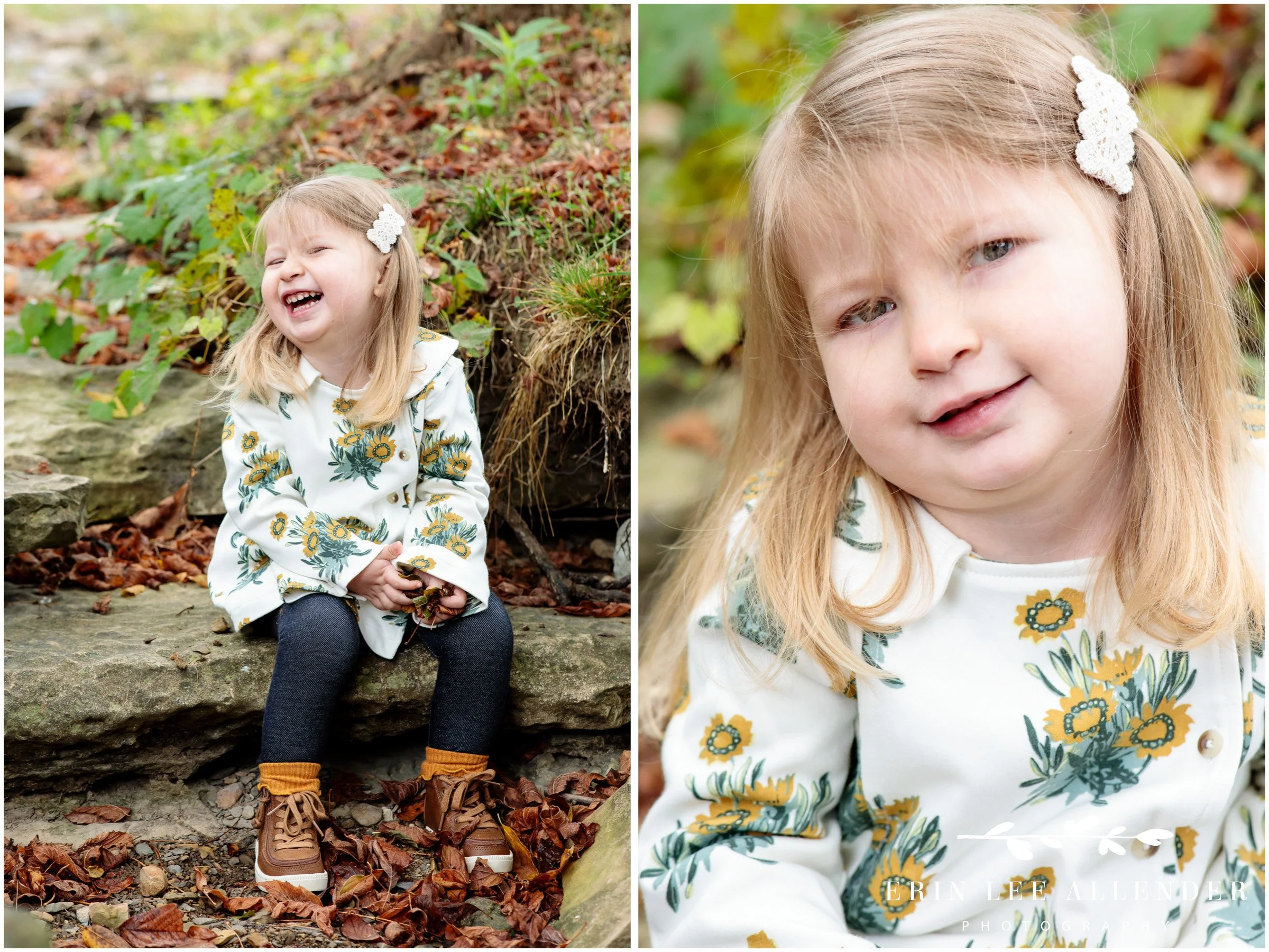 Little girl sitting in creek bed during outdoor family photography session Portland TN.