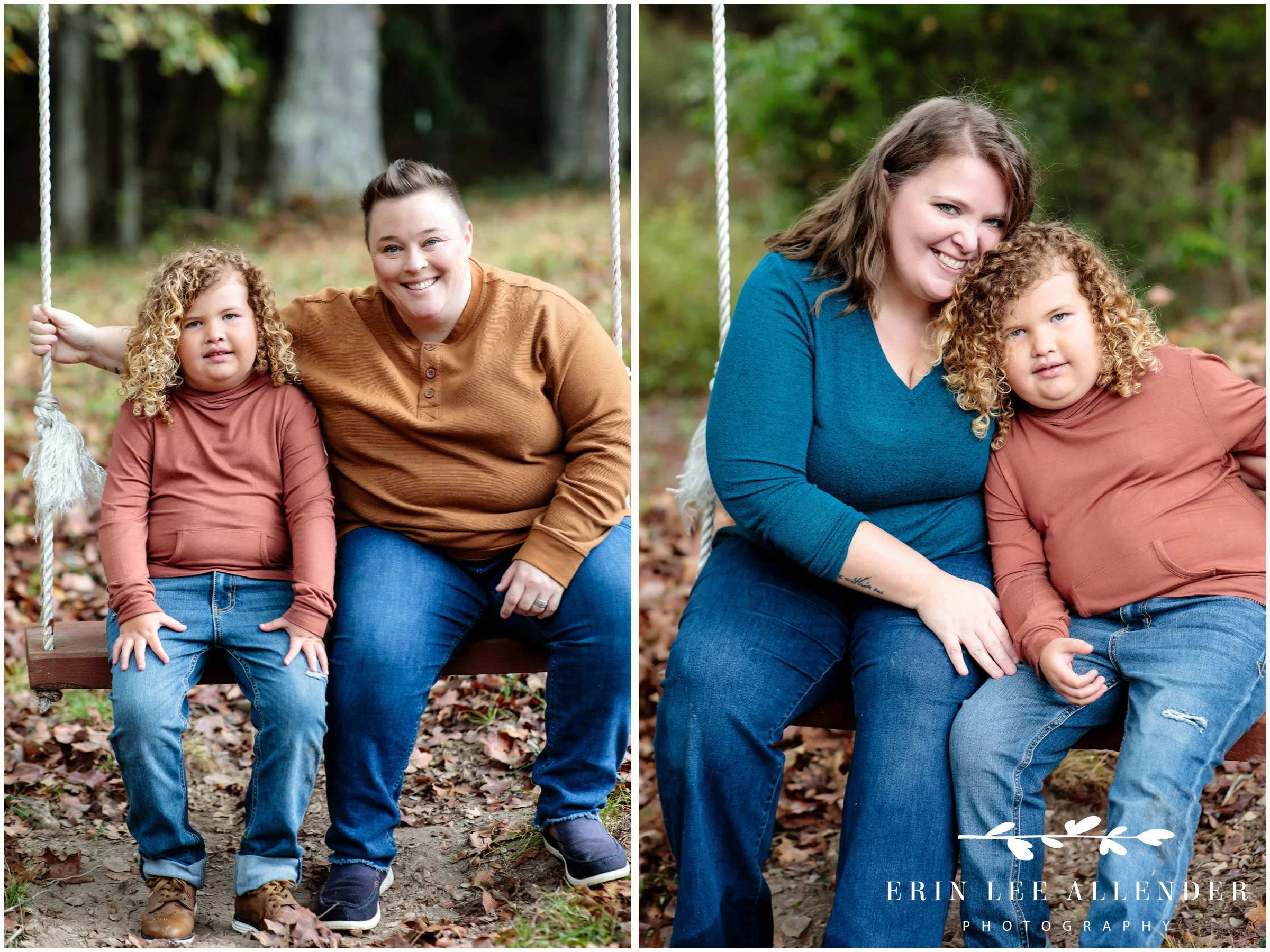 Moms with curly haired son smiling outdoors during fall family photography Nashville TN.