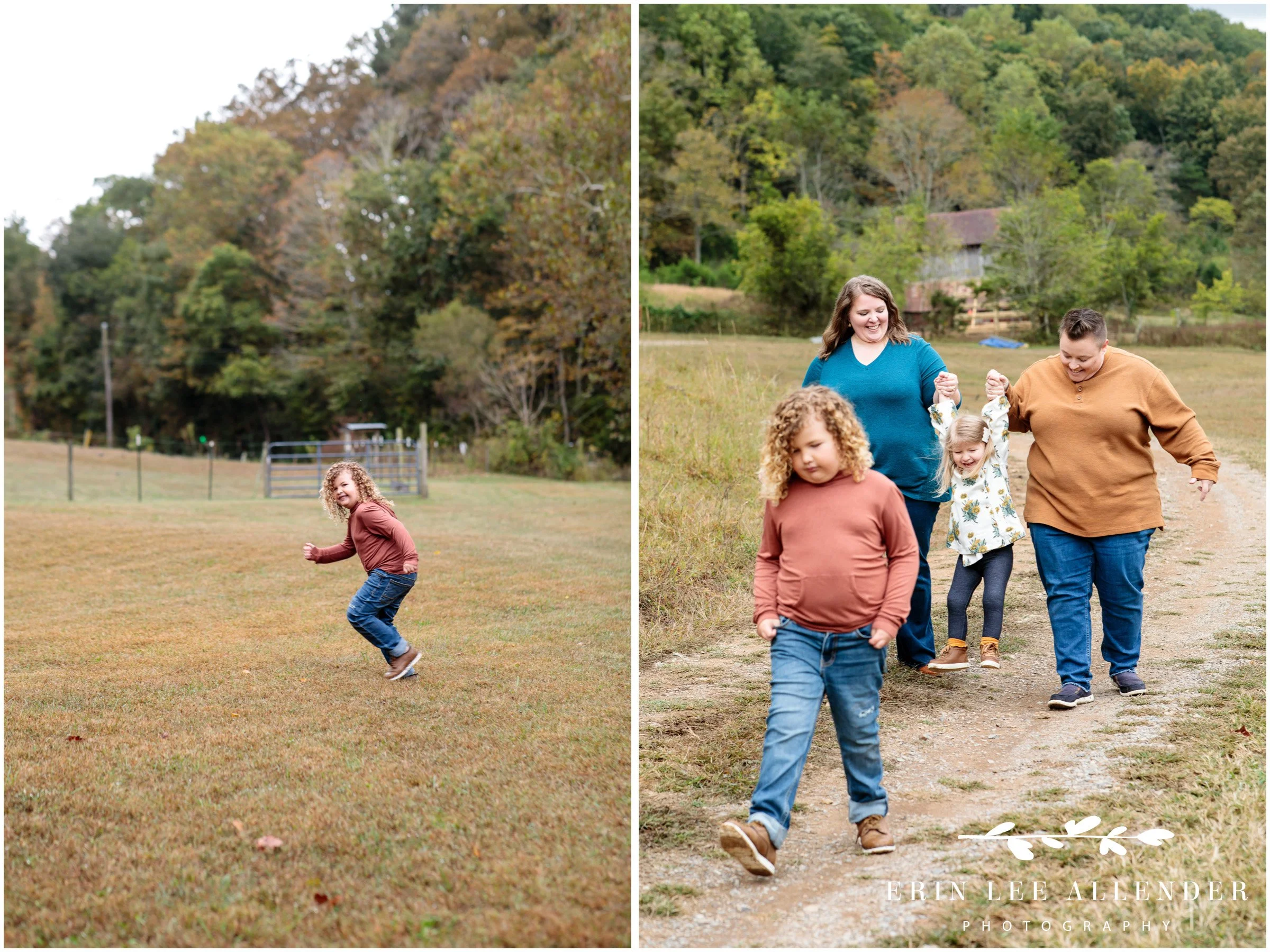 Same sex family of four walking on gravel road during fall family photography Nashville TN.