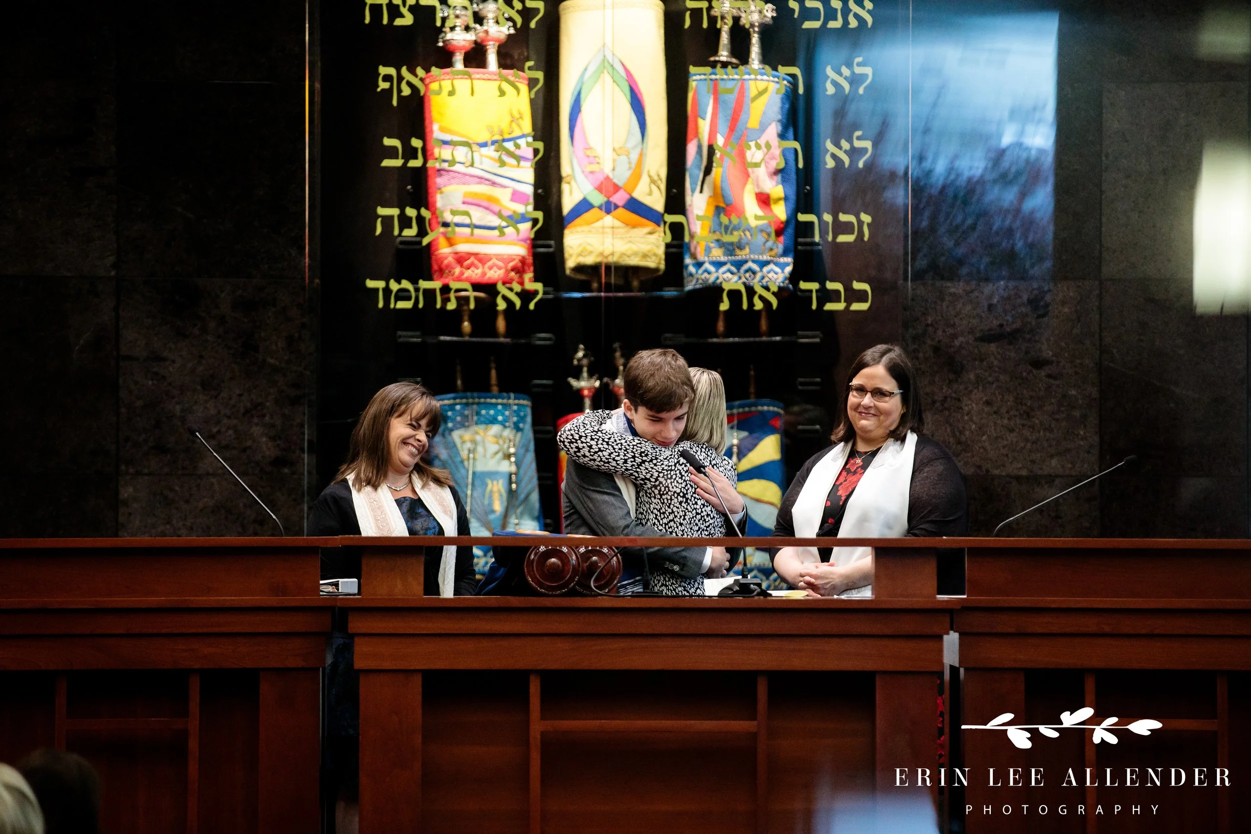 Hugging Simon after tallit blessing during Bar Mitzvah service at The Temple in Nashville.
