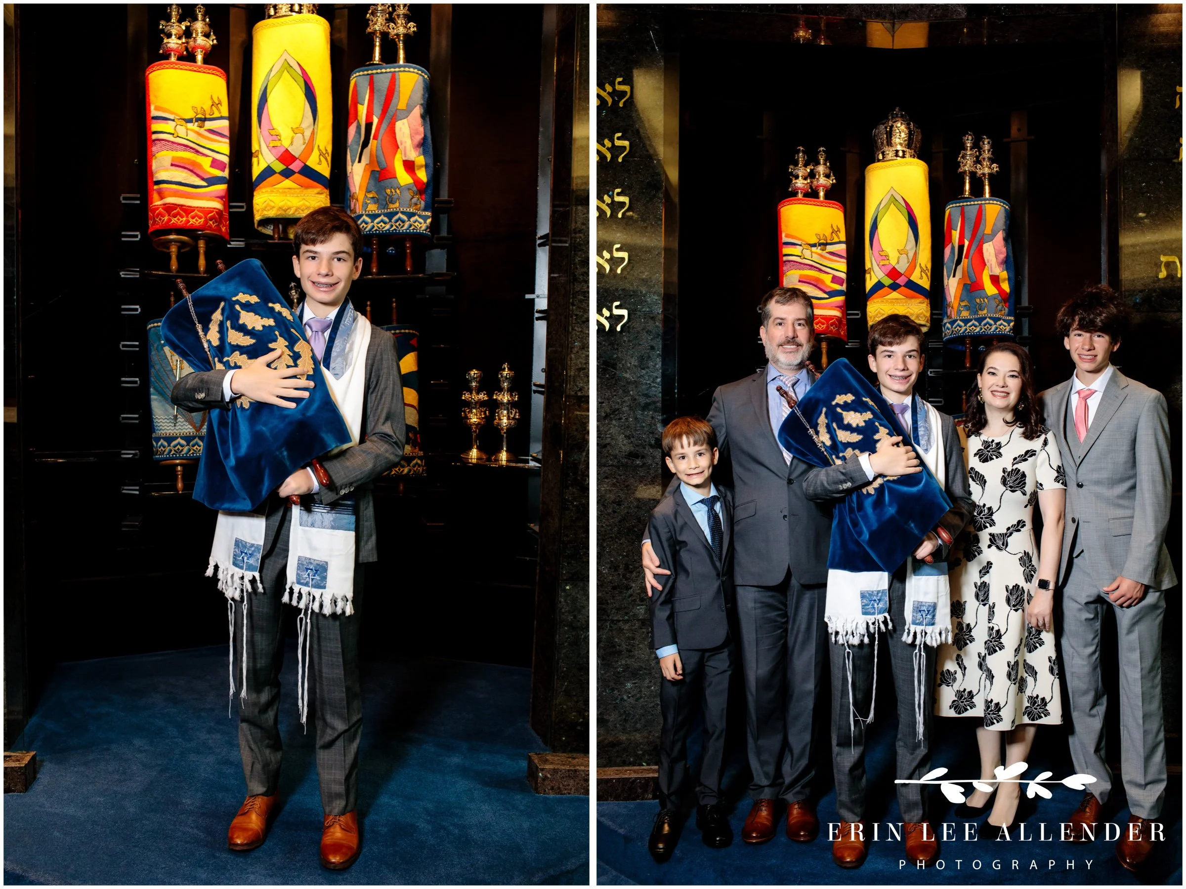 Bar Mitzvah boy holding the Torah during the service.