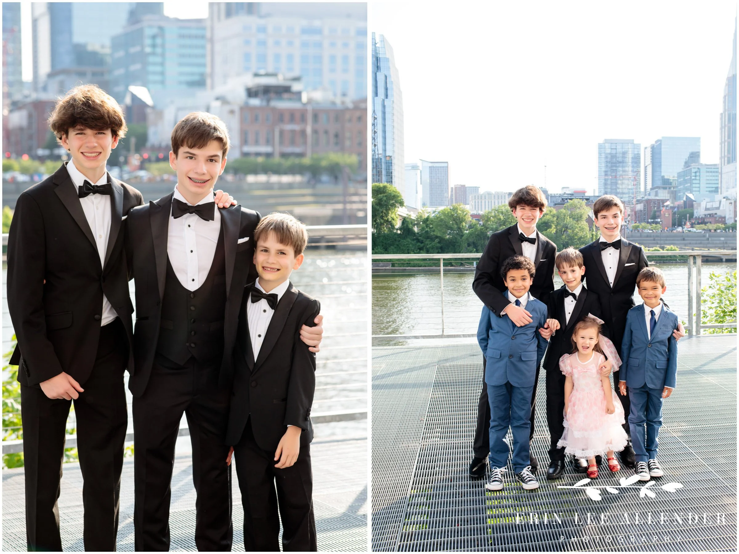 Cousins and brothers portrait with city skyline view from The Bridge Building Nashville.
