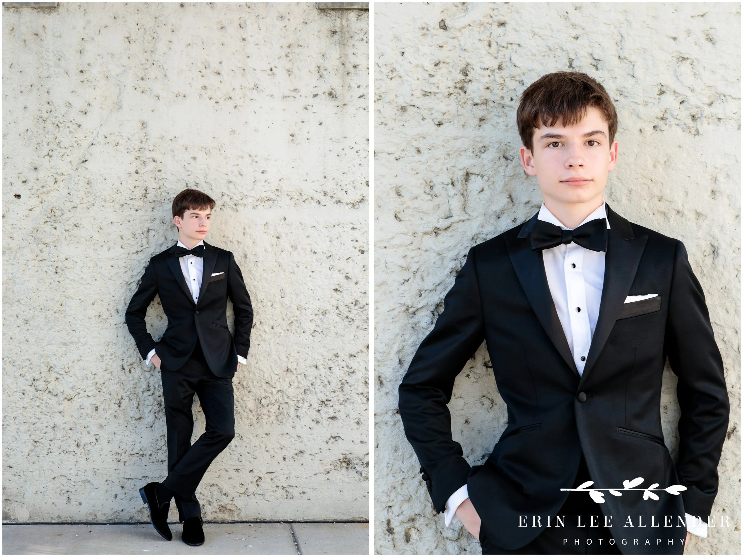 Black-tie Bar Mitzvah portrait of Simon against white backdrop at The Bridge Building Nashville.