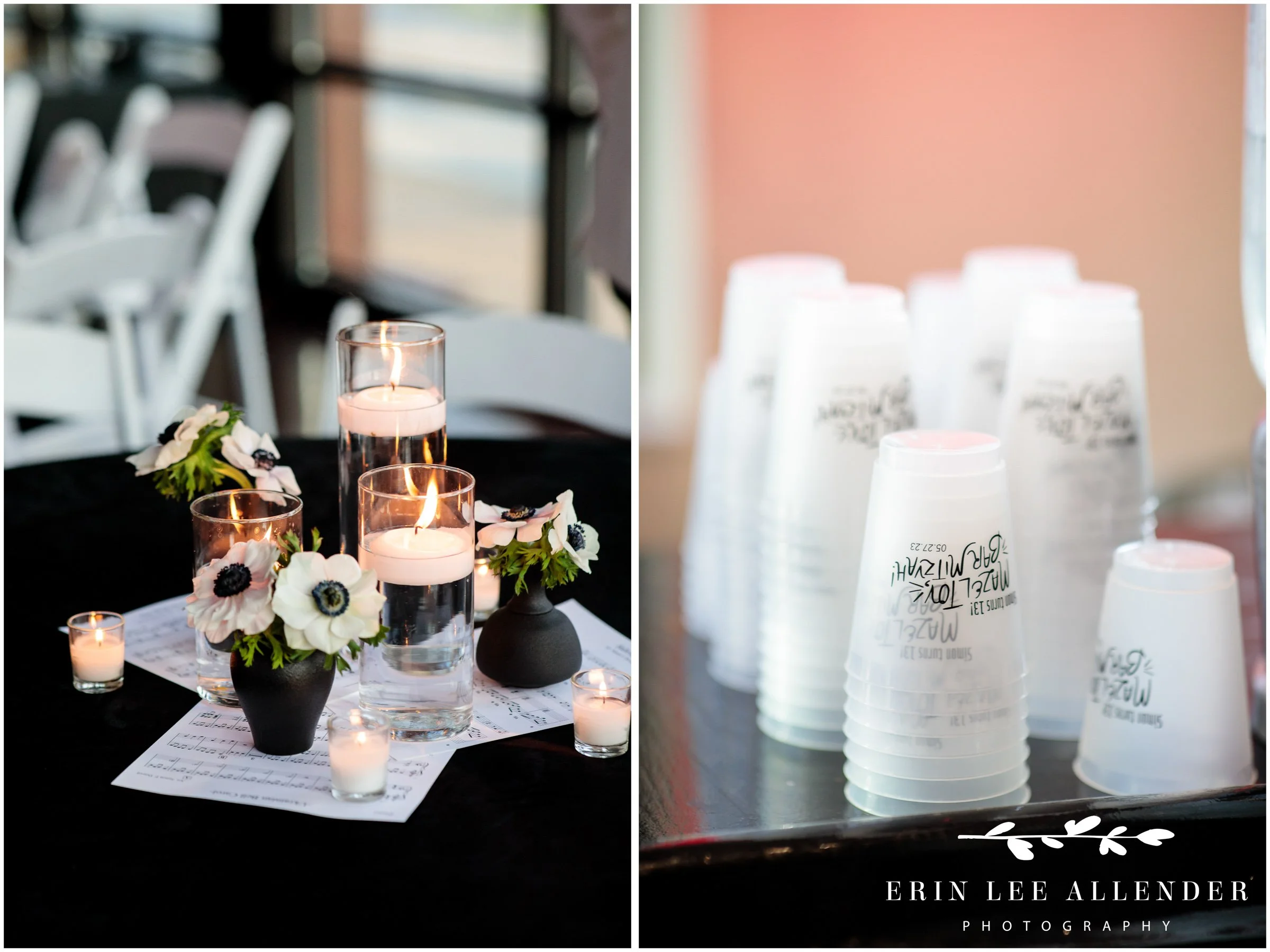 Floral centerpiece with sheet music at Nashville Bar Mitzvah at The Bridge Building.