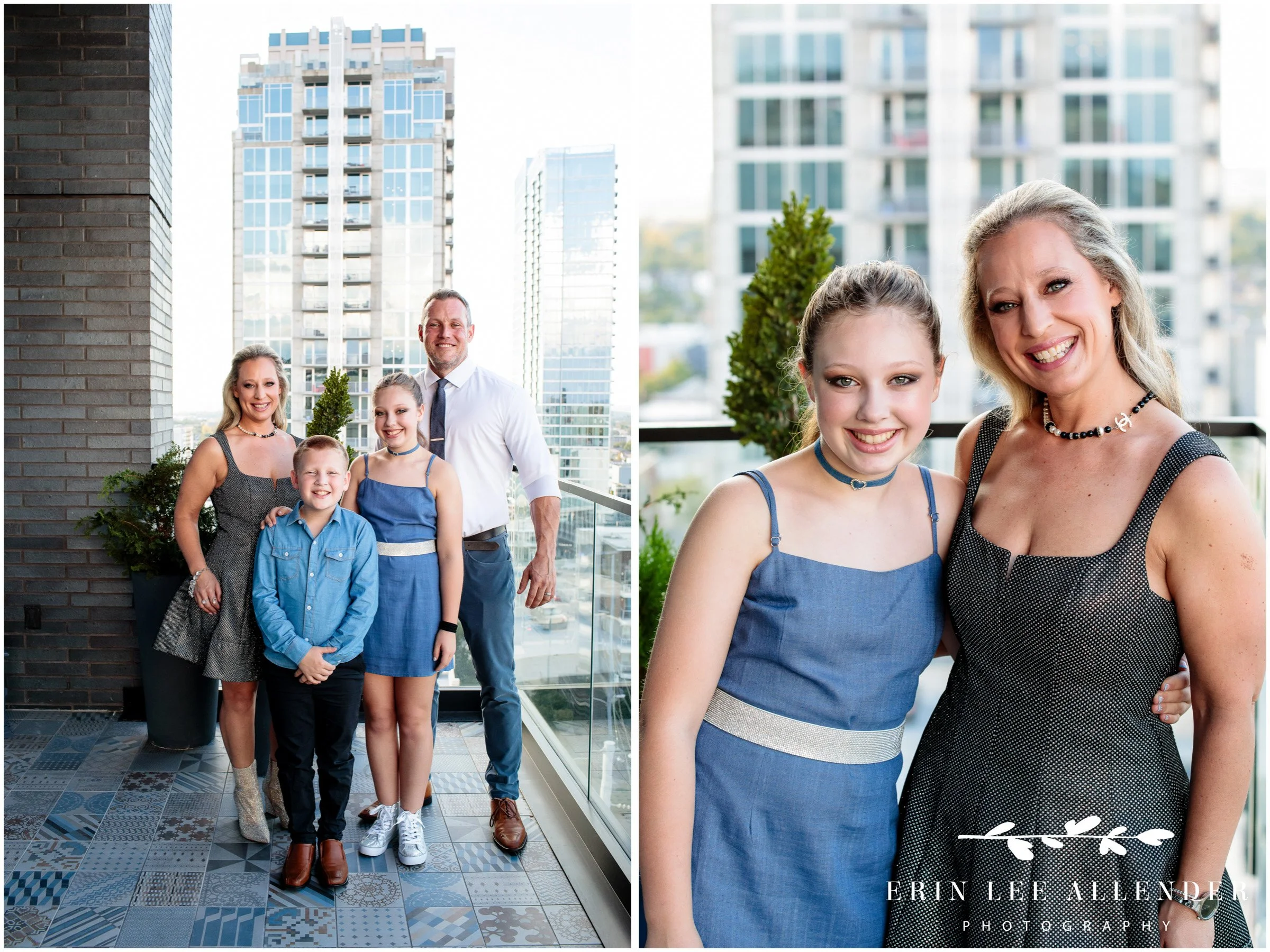 Family portrait on the penthouse balcony overlooking Nashville at Bat Mitzvah celebration at Virgin Hotel Nashville