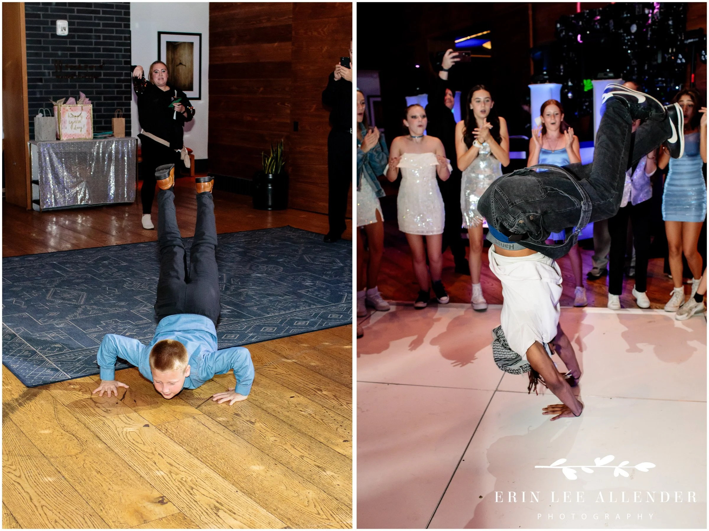 Sibling performing the worm on the dance floor during Bat Mitzvah celebration at Virgin Hotel Nashville