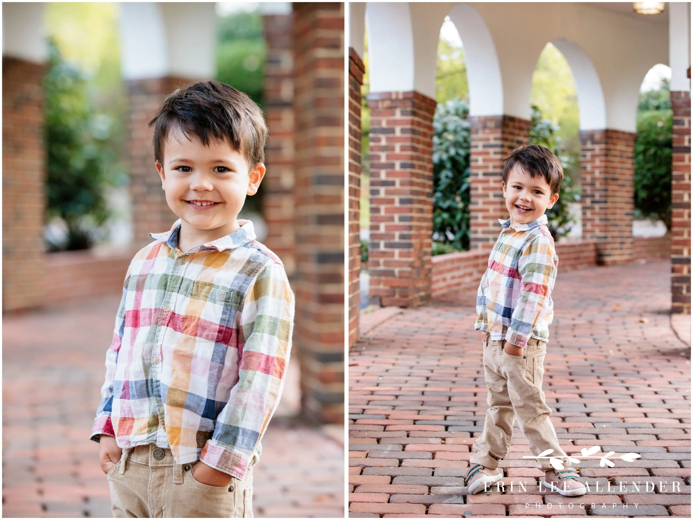 Little brother standing on brick walkway at Ellington Agricultural Center in Nashville wearing plaid, smiling at the camera.