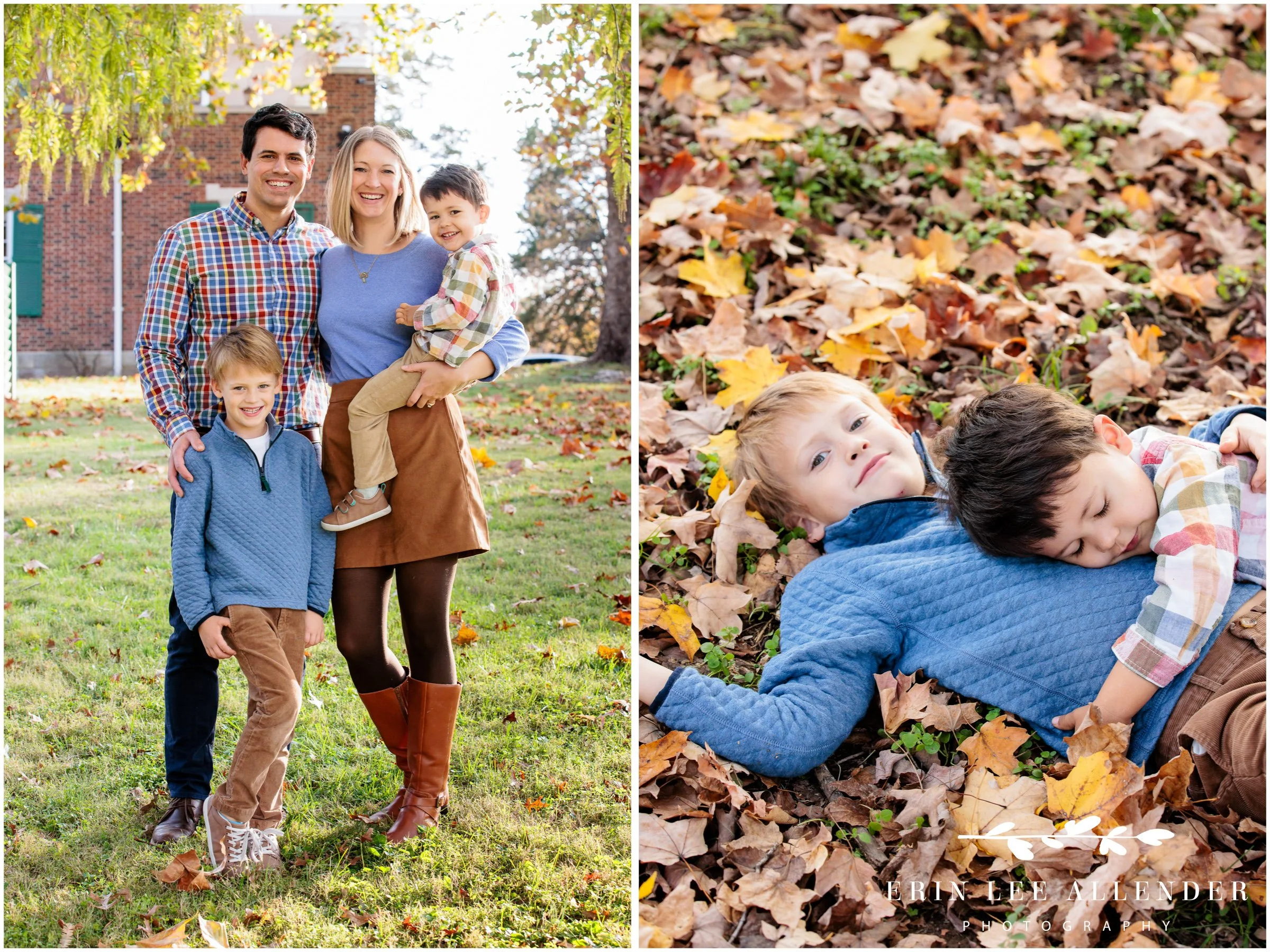 Boys standing together next to tree in fall foliage at Ellington Agricultural Center, Nashville.