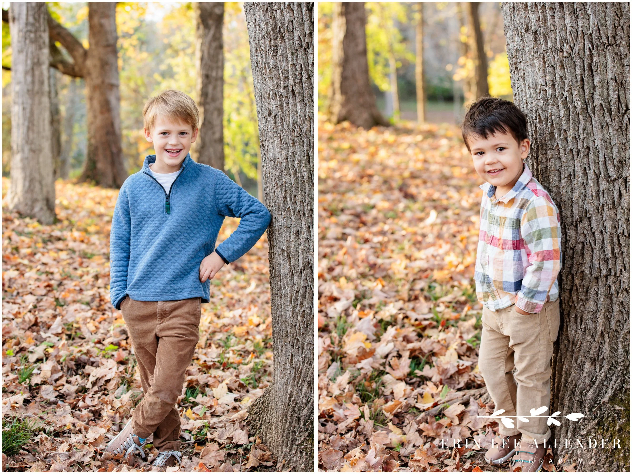 Mom and dad posing separately with their children among fall leaves at Ellington Agricultural Center, Nashville.
