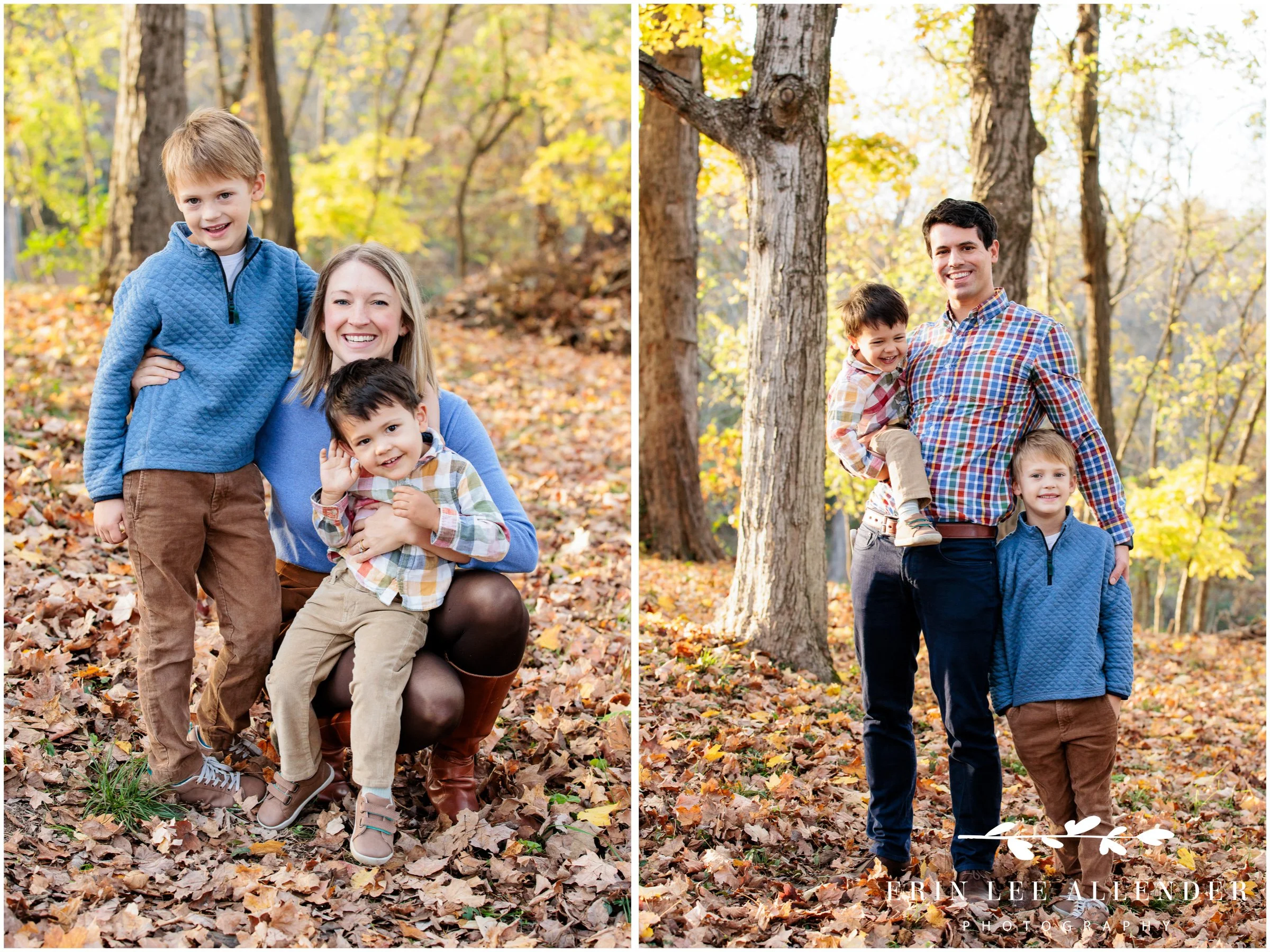 Family of four sitting together in colorful leaves at Ellington Agricultural Center, Nashville.