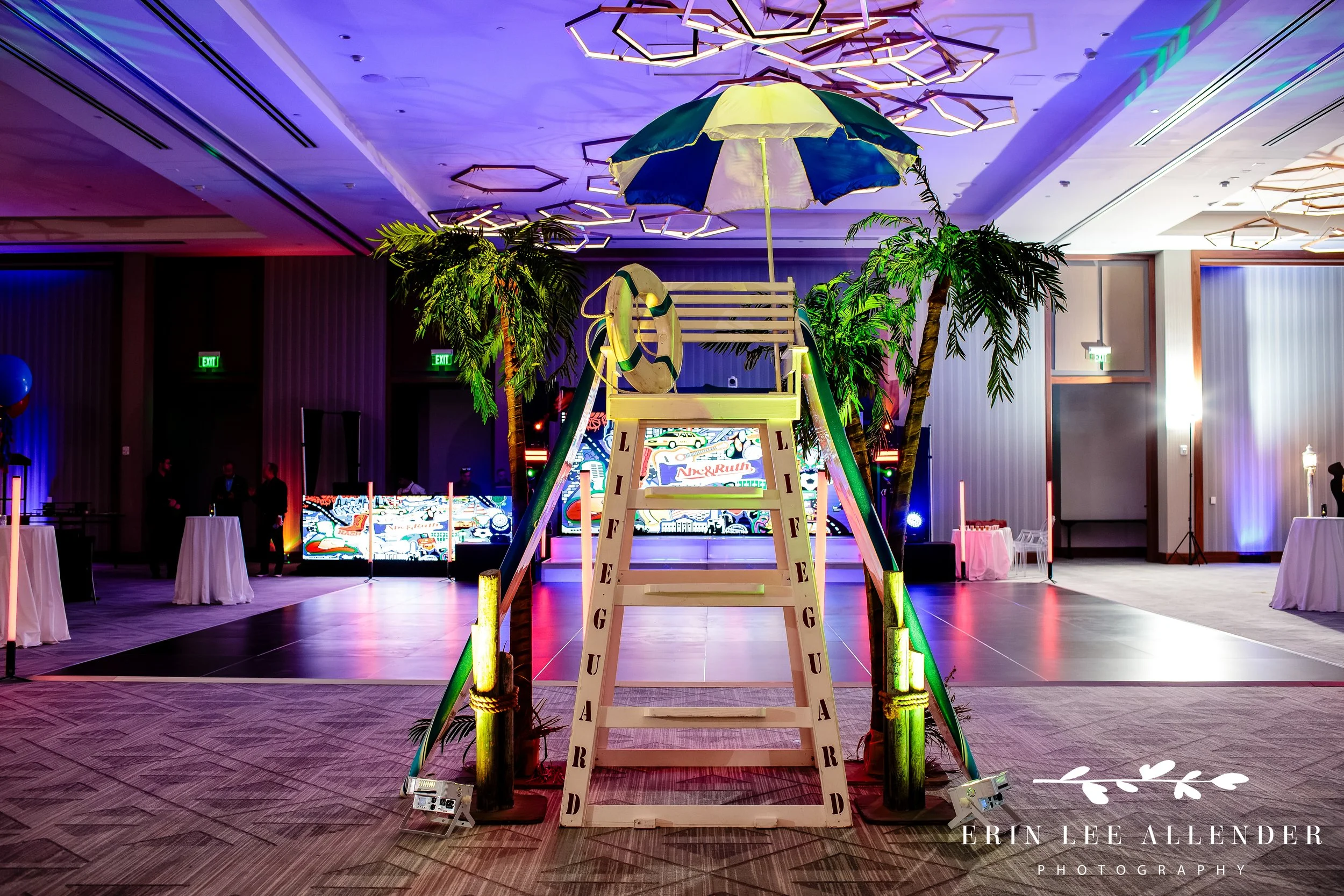 Lifeguard chair prop and surfboard décor at Nashville mitzvah party