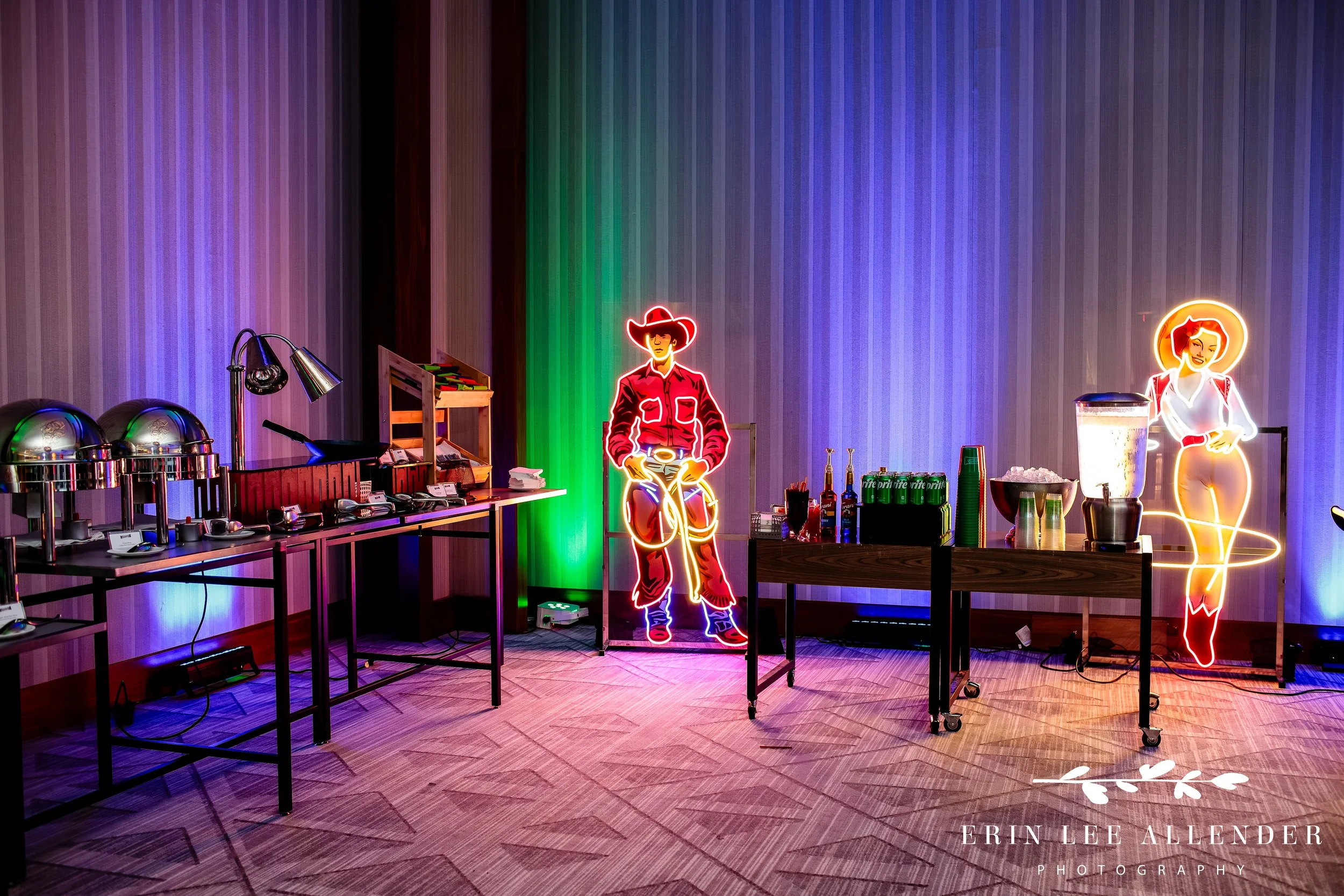 neon cowboy signage by food at b'nai mitzvah Four Seasons Nashville