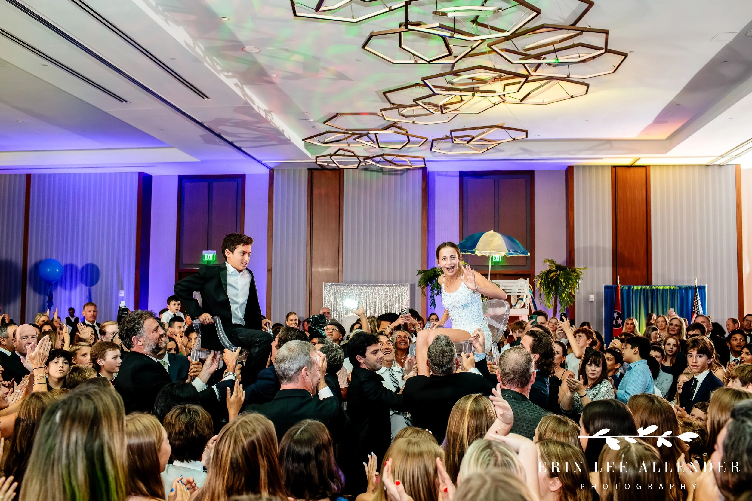 Hora dance lifting b’nai mitzvah teens into the air at Four Seasons Nashville