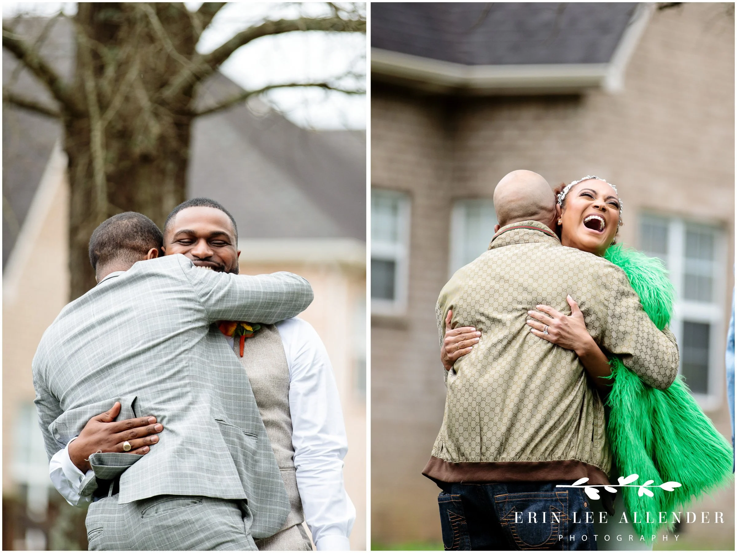 Wedding guests hugging couple at Nashville backyard celebration