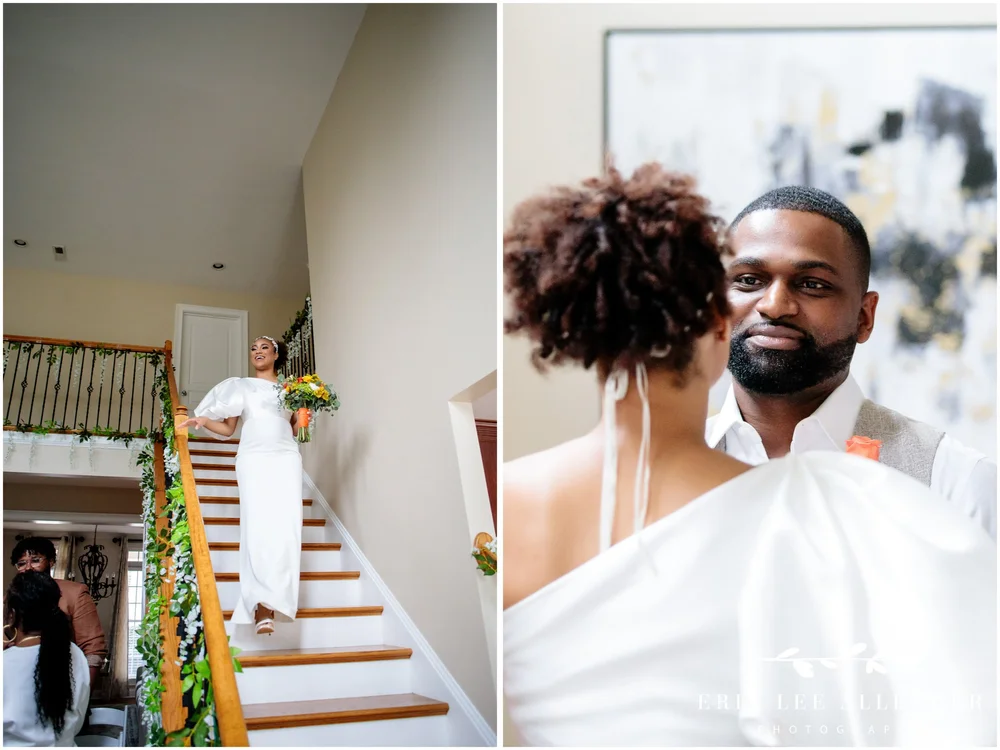 Bride walking down staircase during Nashville micro wedding
