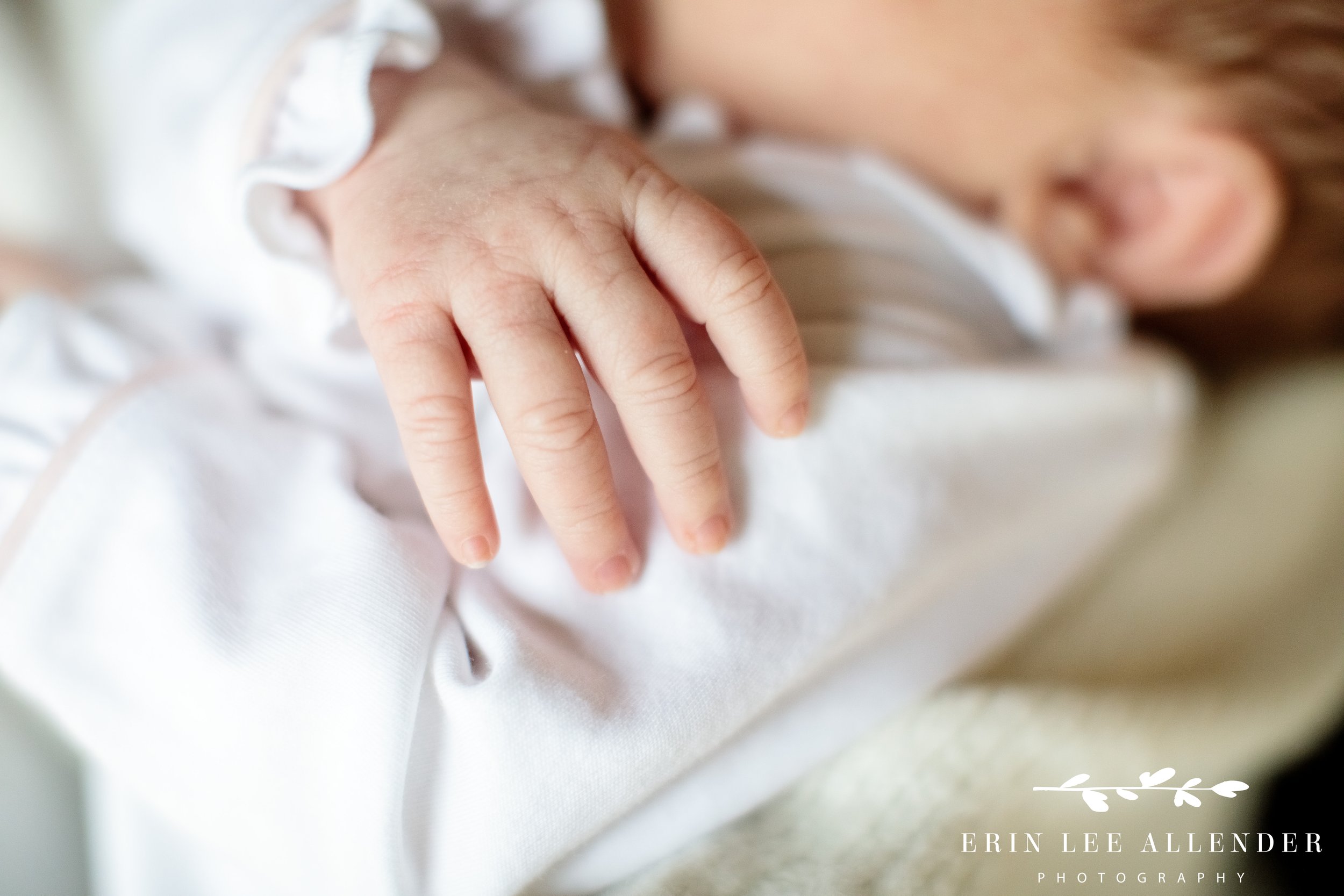 Close-up of newborn baby’s hands during a Nashville in-home session.