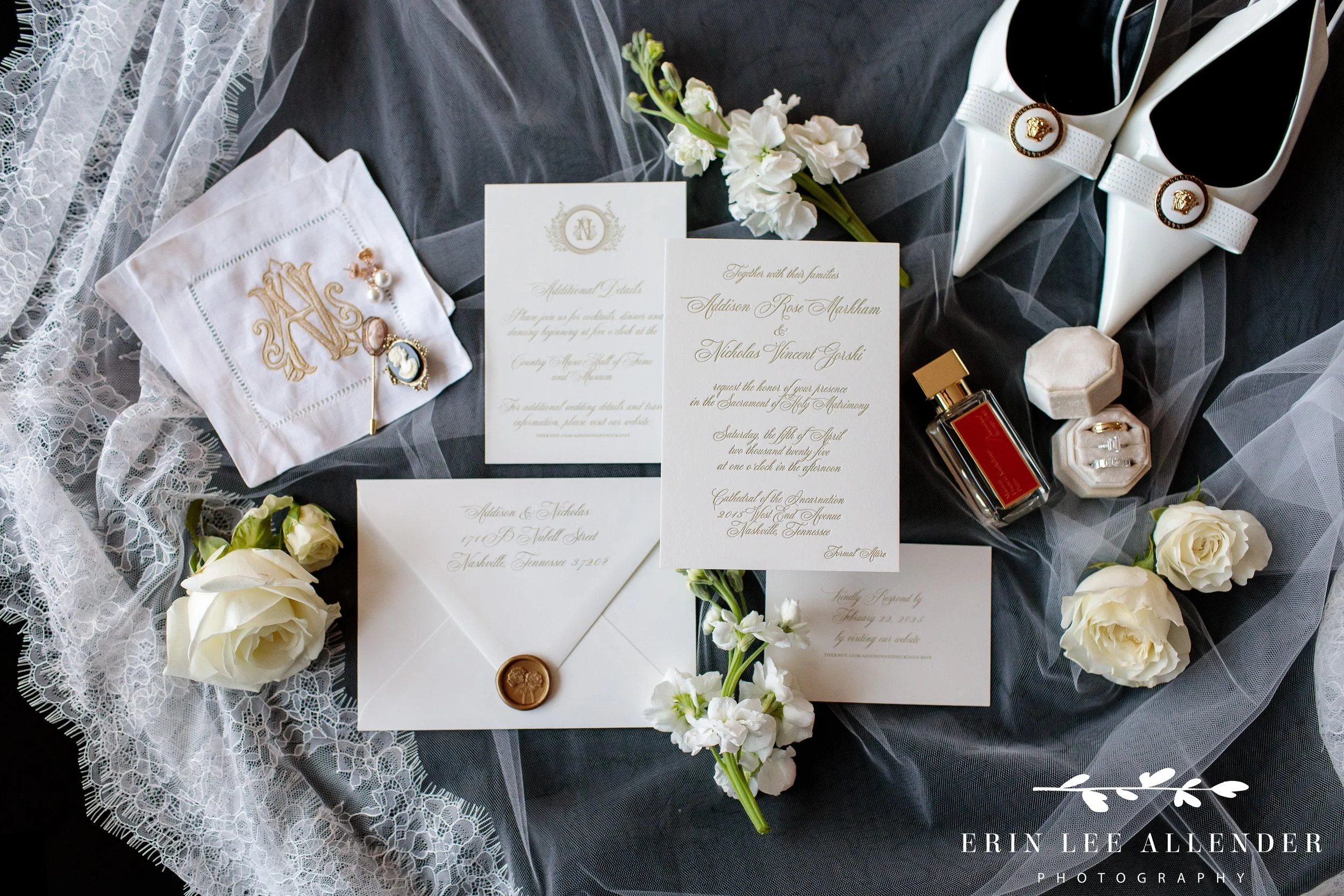Nashville wedding photographer's detail flatlay of bridal accessories before the ceremony at the Omni Nashville Hotel