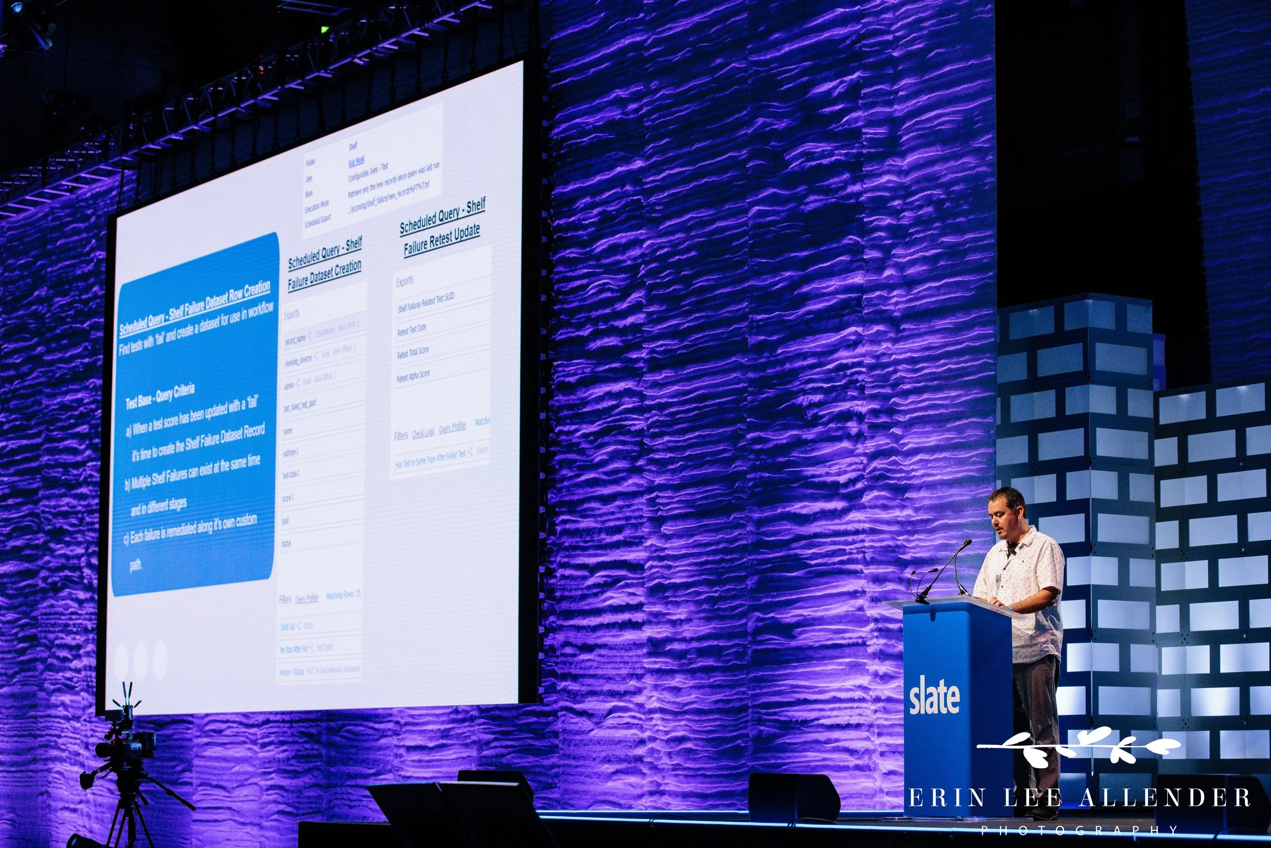 Nashville corporate event photography — wide shot of a Post Captain breakout session on the keynote stage at the Slate Summit
