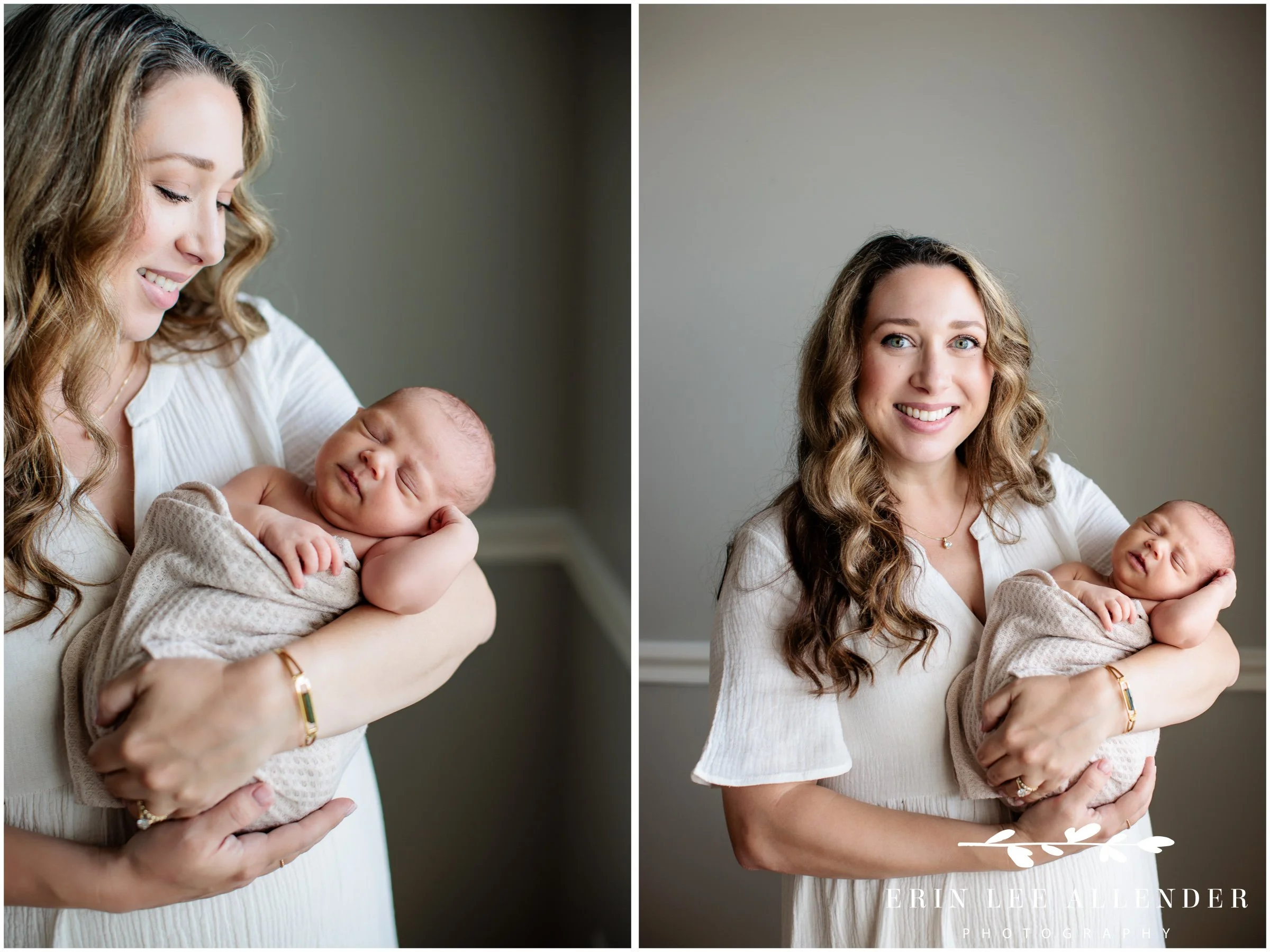 Nashville newborn photography — mother holding and looking down at her newborn baby girl during in-home session