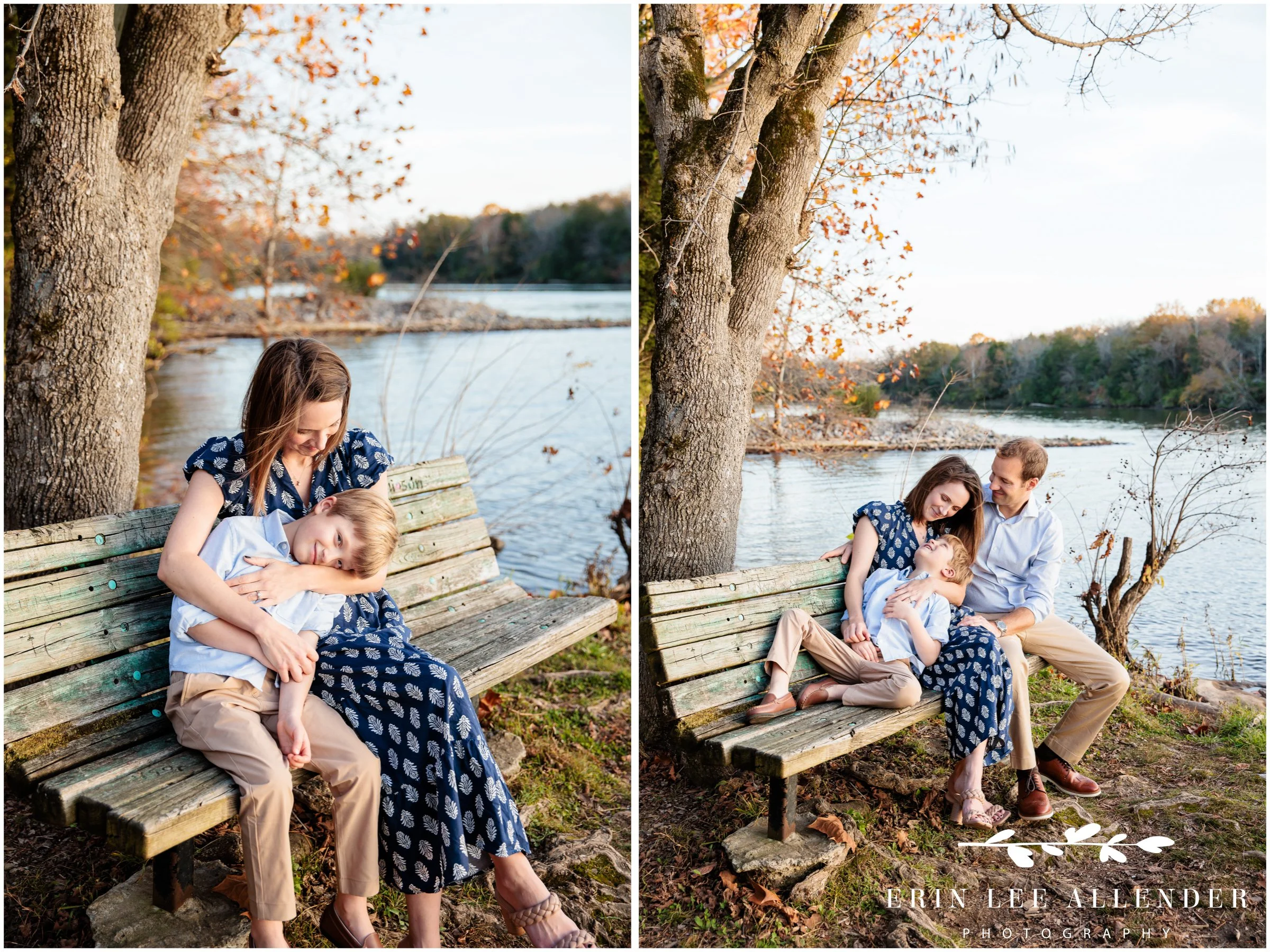Nashville family session — family of three relaxing on a bench by the lake at Walton Ferry Arboretum