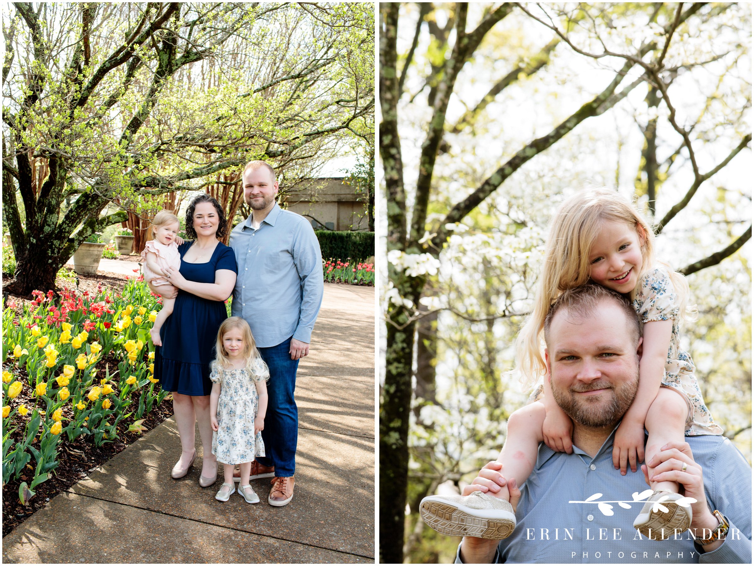 Child sitting on dad’s shoulders among spring tulips at Cheekwood Botanical Garden during milestone session, Nashville family photography