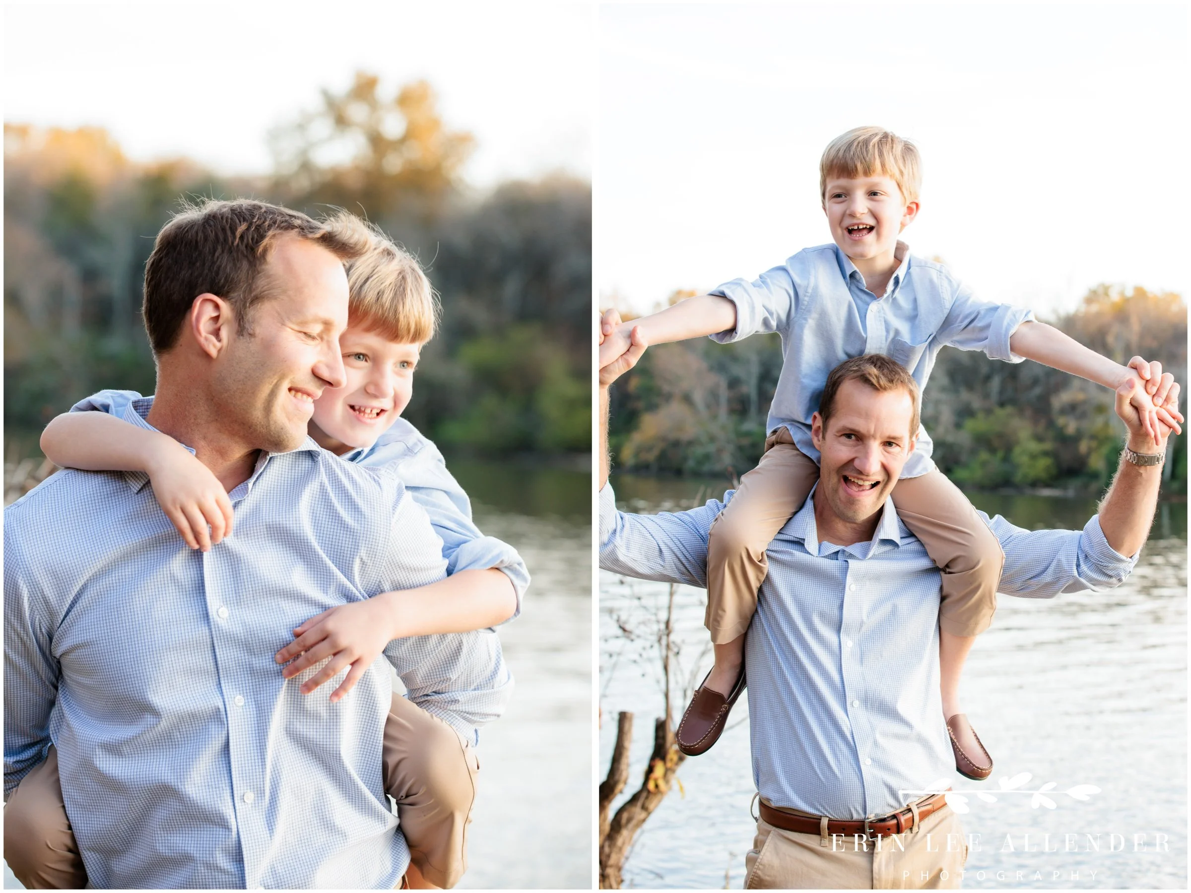 Nashville family portrait — father carrying his son on his shoulders at Walton Ferry Arboretum in late fall