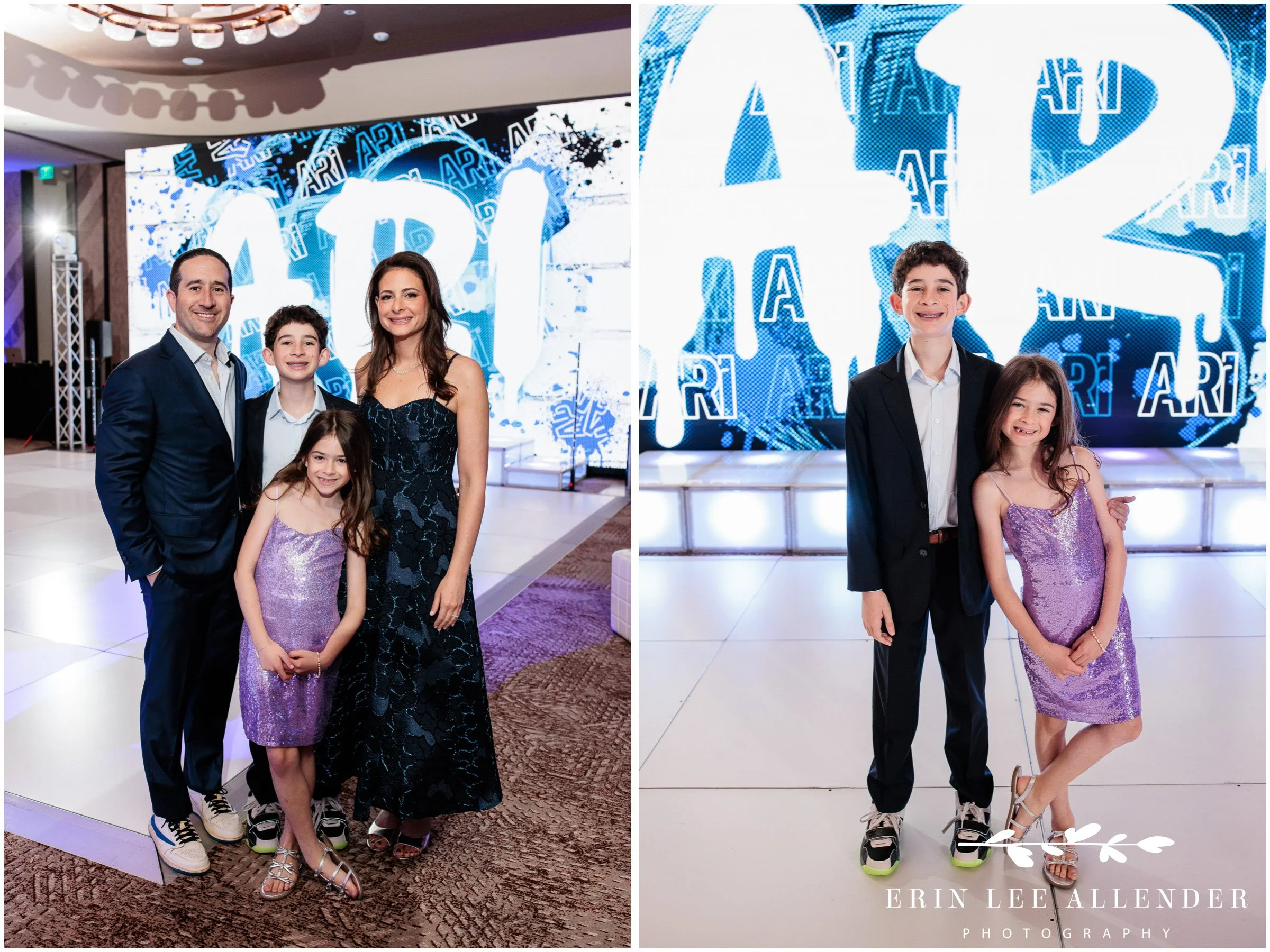 Family dance floor portrait with LED screen at W Nashville bar mitzvah reception