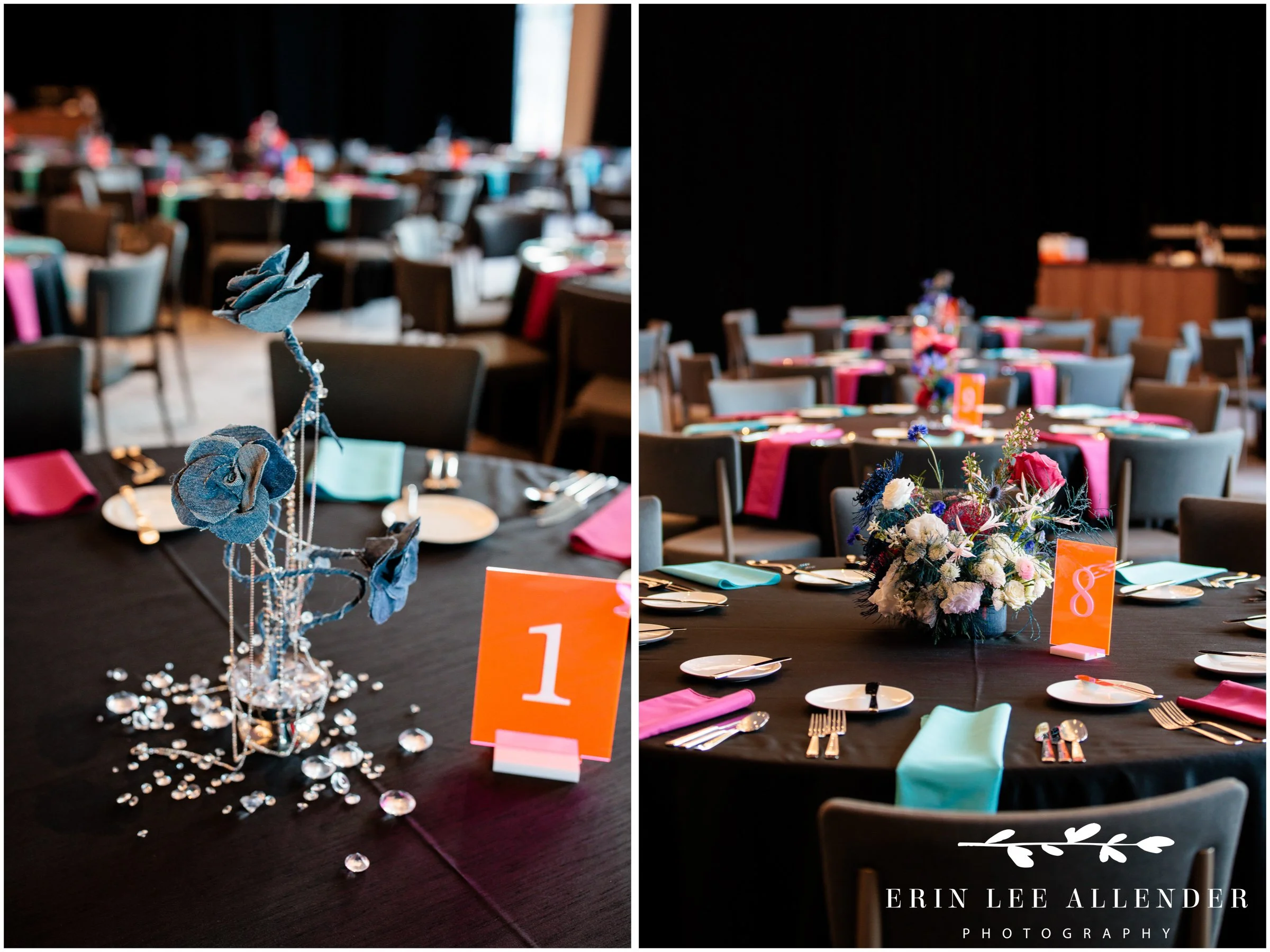 Pink and blue floral centerpieces in reception space