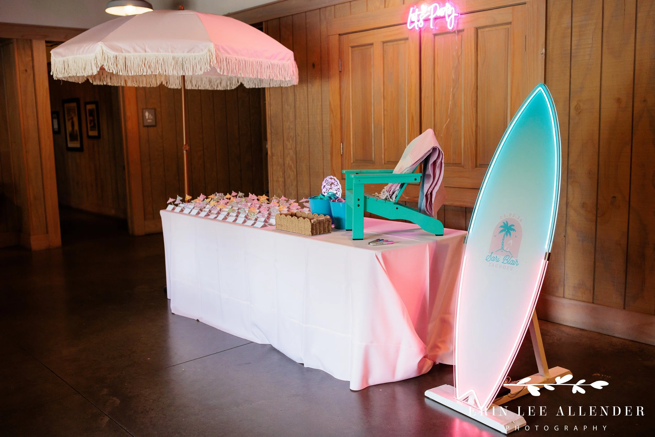 Nashville mitzvah photographer — surfboard guest book at entrance to Sari's Beach Bash Loveless Barn